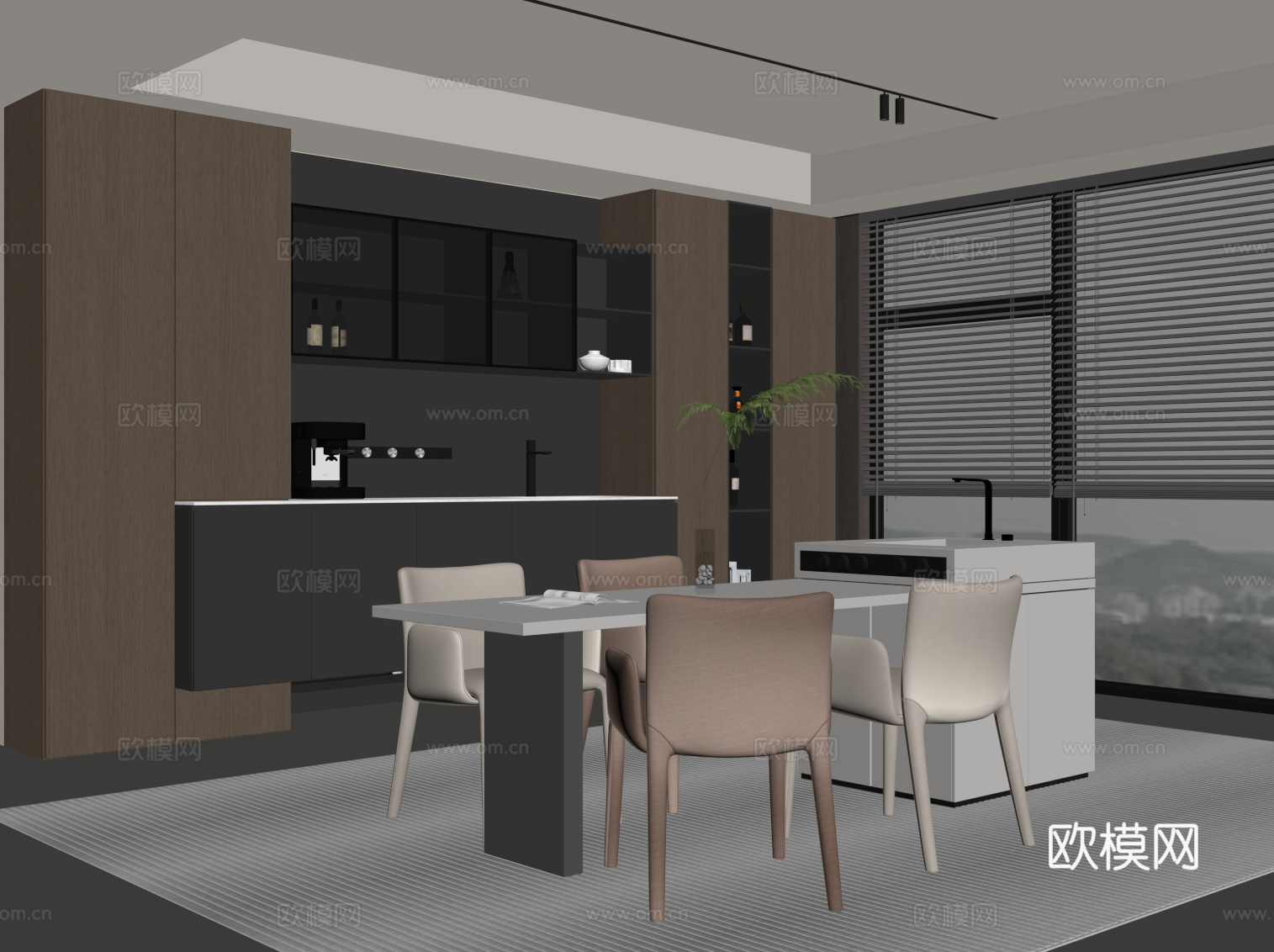 现代简约餐厅 酒柜 餐边柜 餐桌椅 岛台su模型