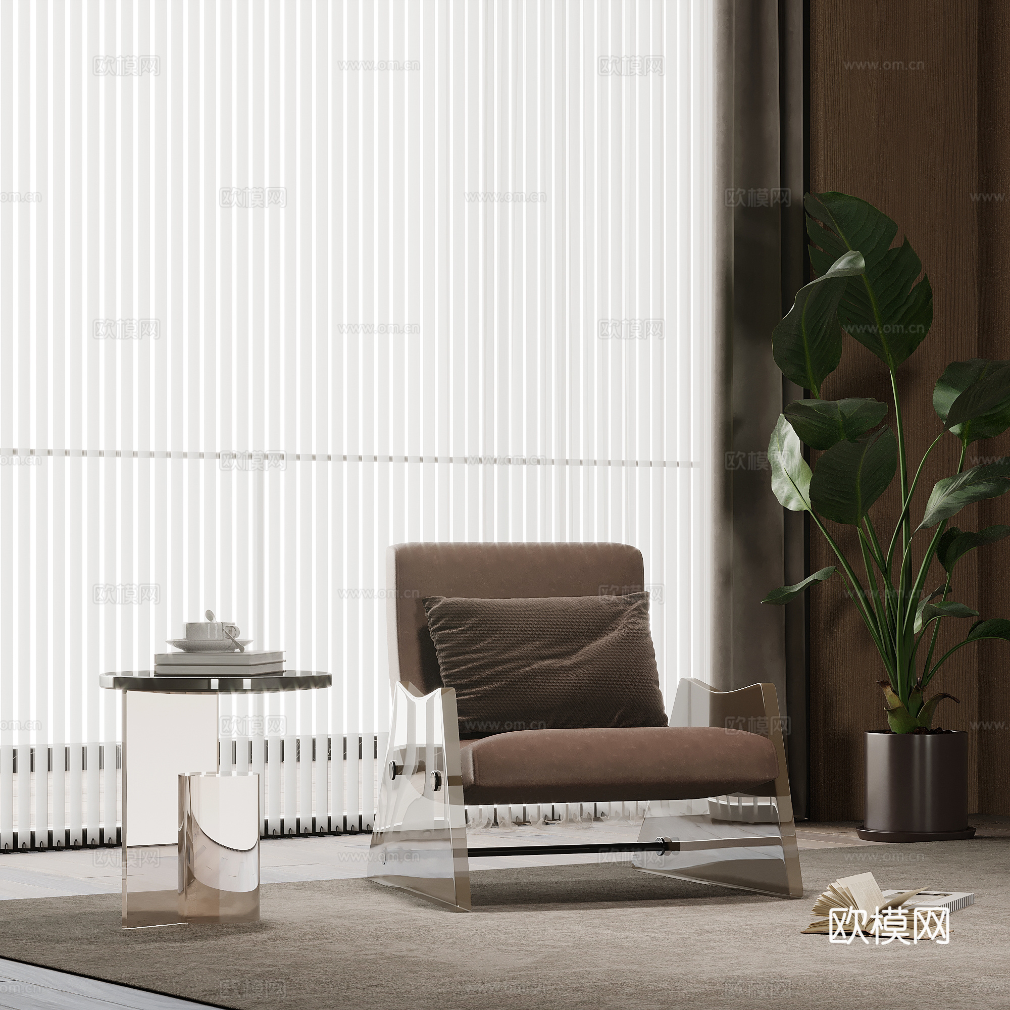 现代休闲椅 边几 绿植盆栽su模型