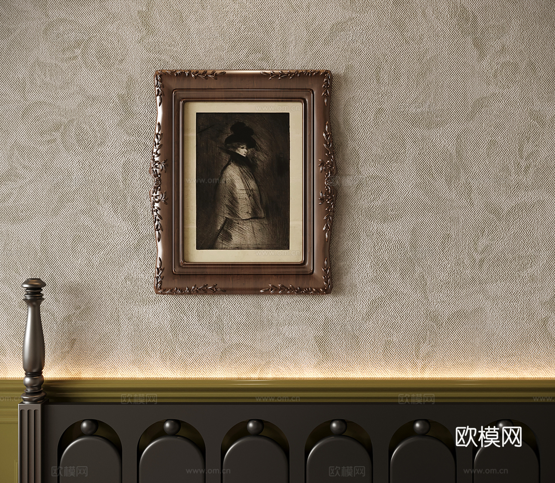 法式复古装饰画 挂画 实木画框 人物画 素描画su模型