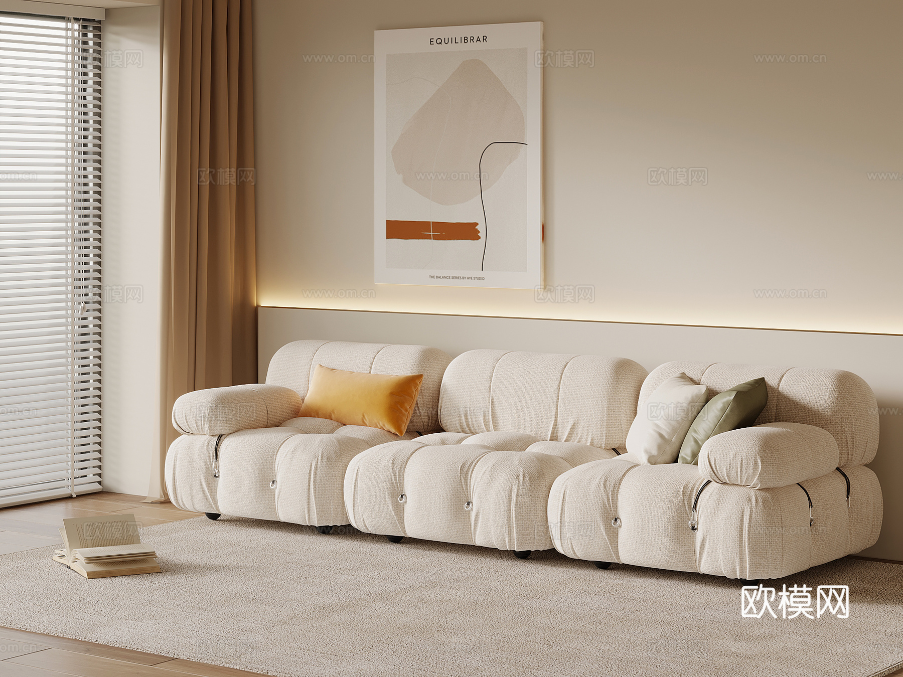 现代奶油风多人沙发 直排沙发su模型