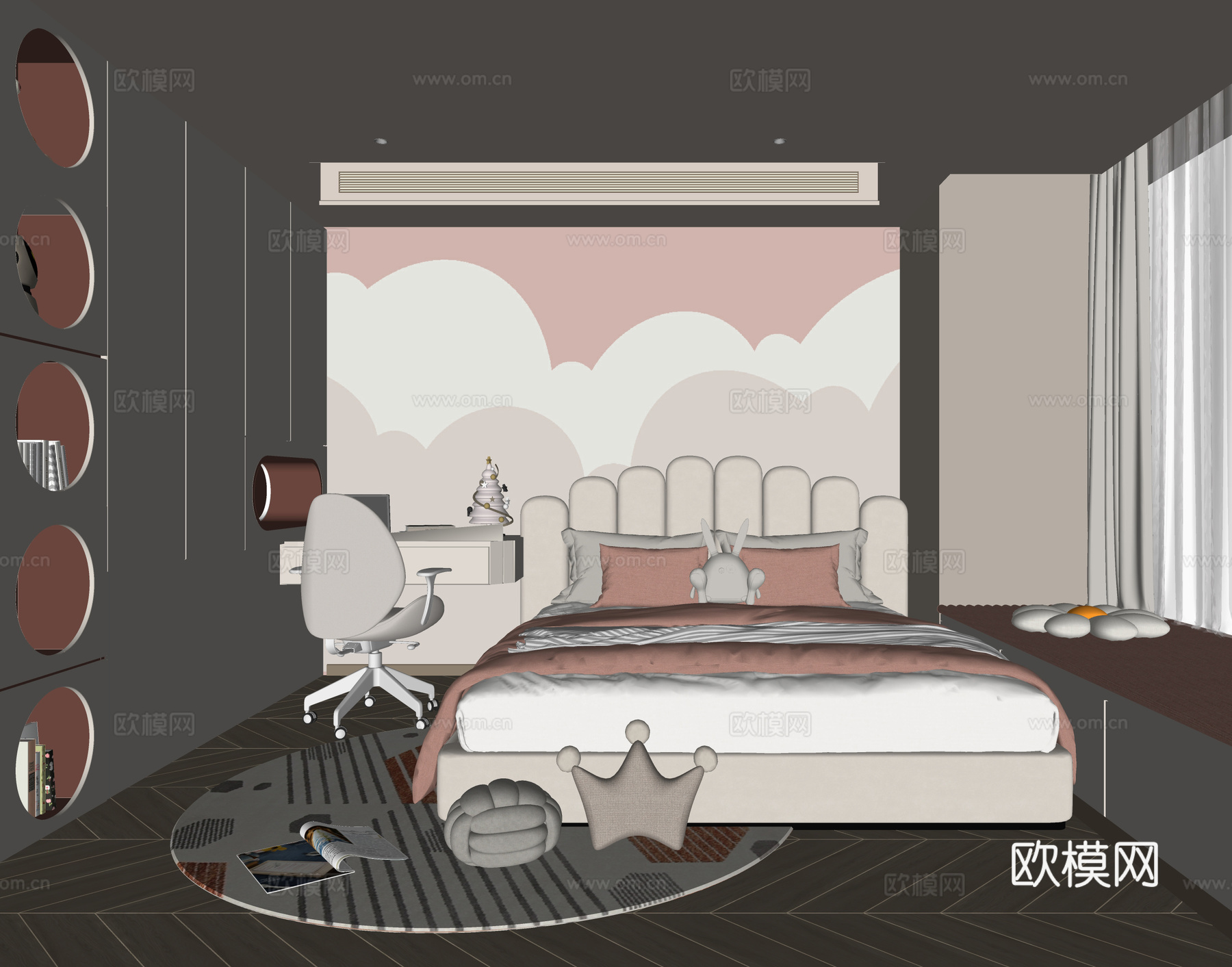 现代女孩房 儿童房 儿童床su模型