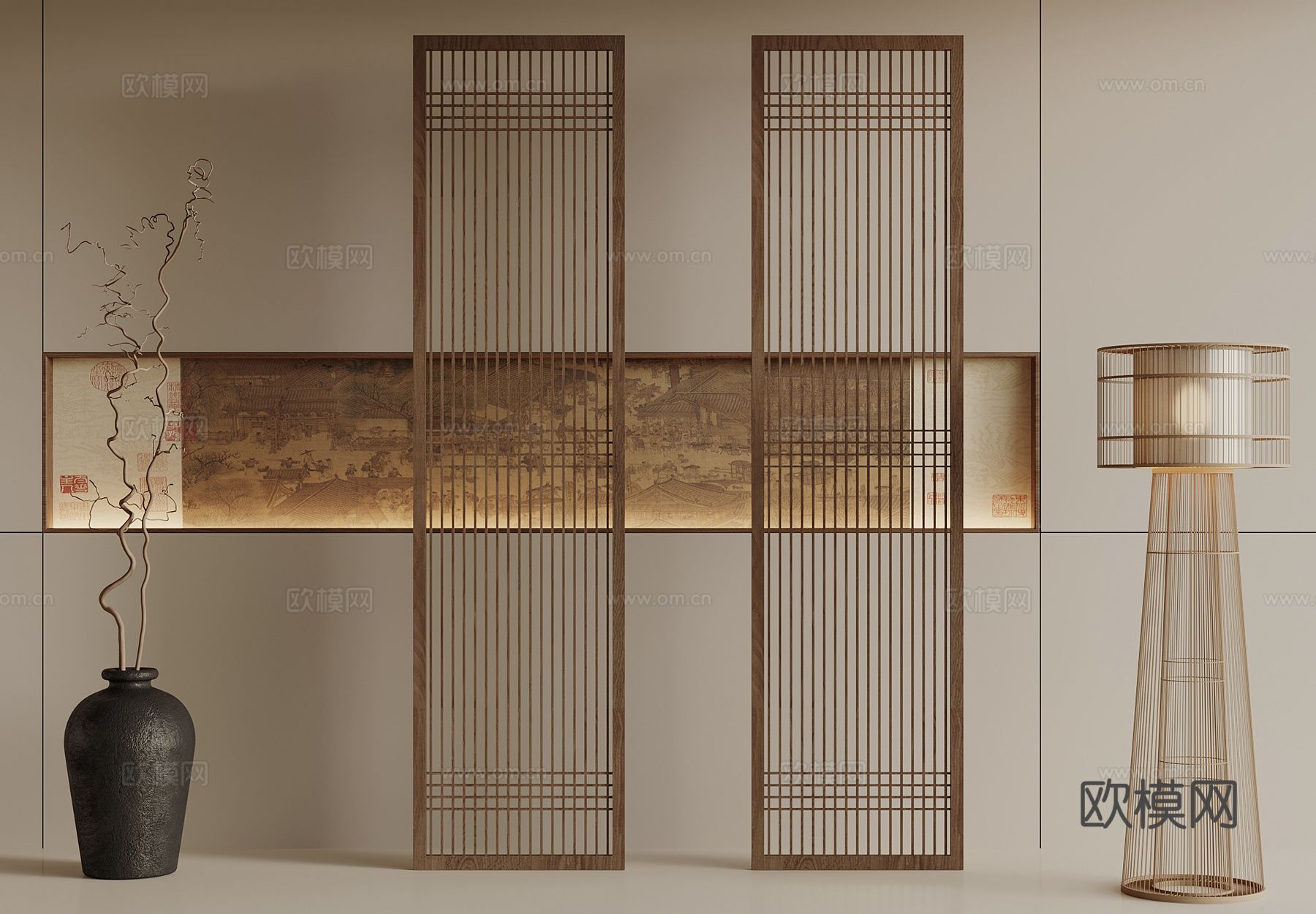 宋式背景墙 宋式屏风隔断 落地灯 盆景su模型