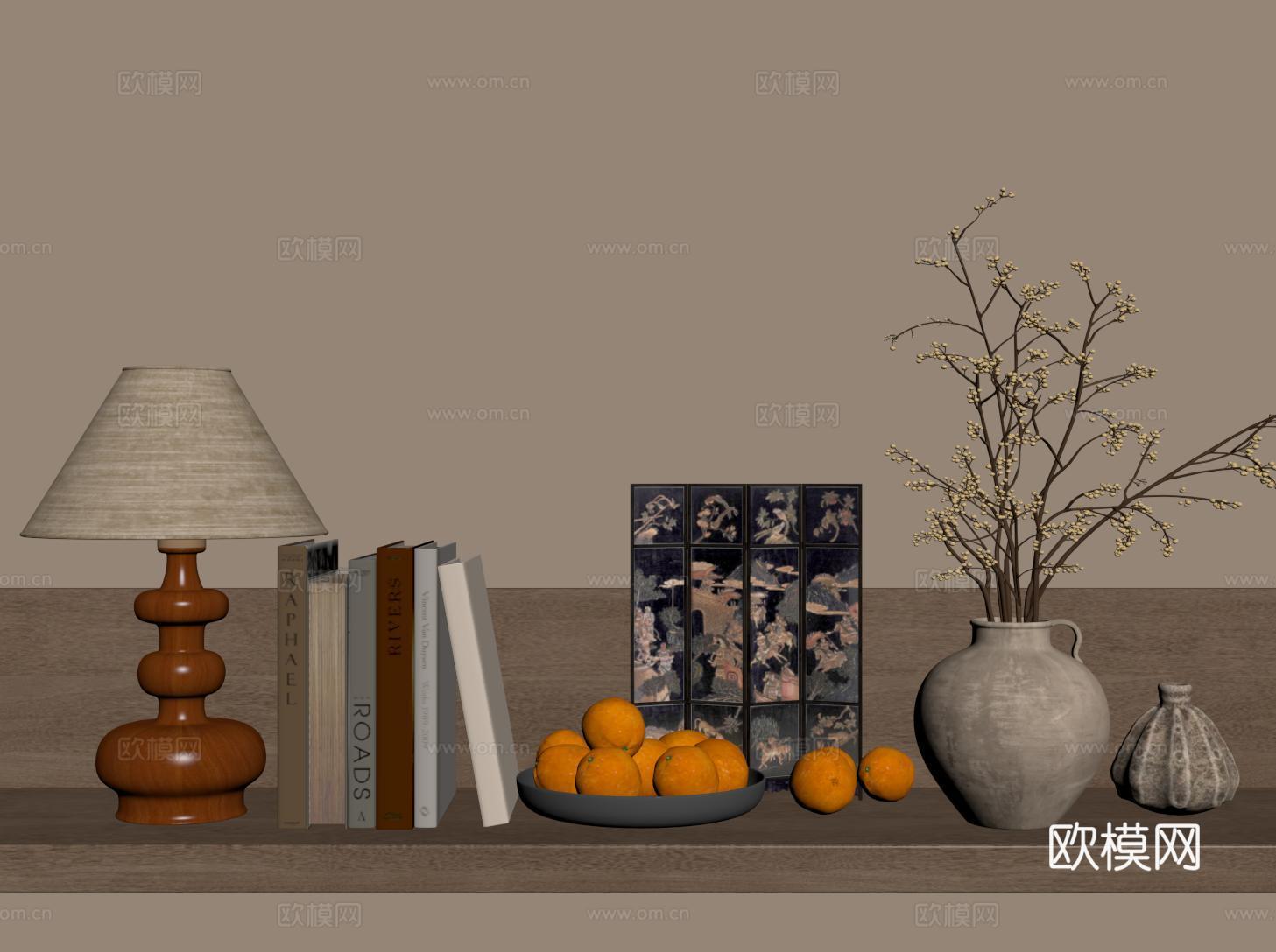 中古侘寂饰品摆件 花艺 台灯 屏风 书籍水果盘su模型