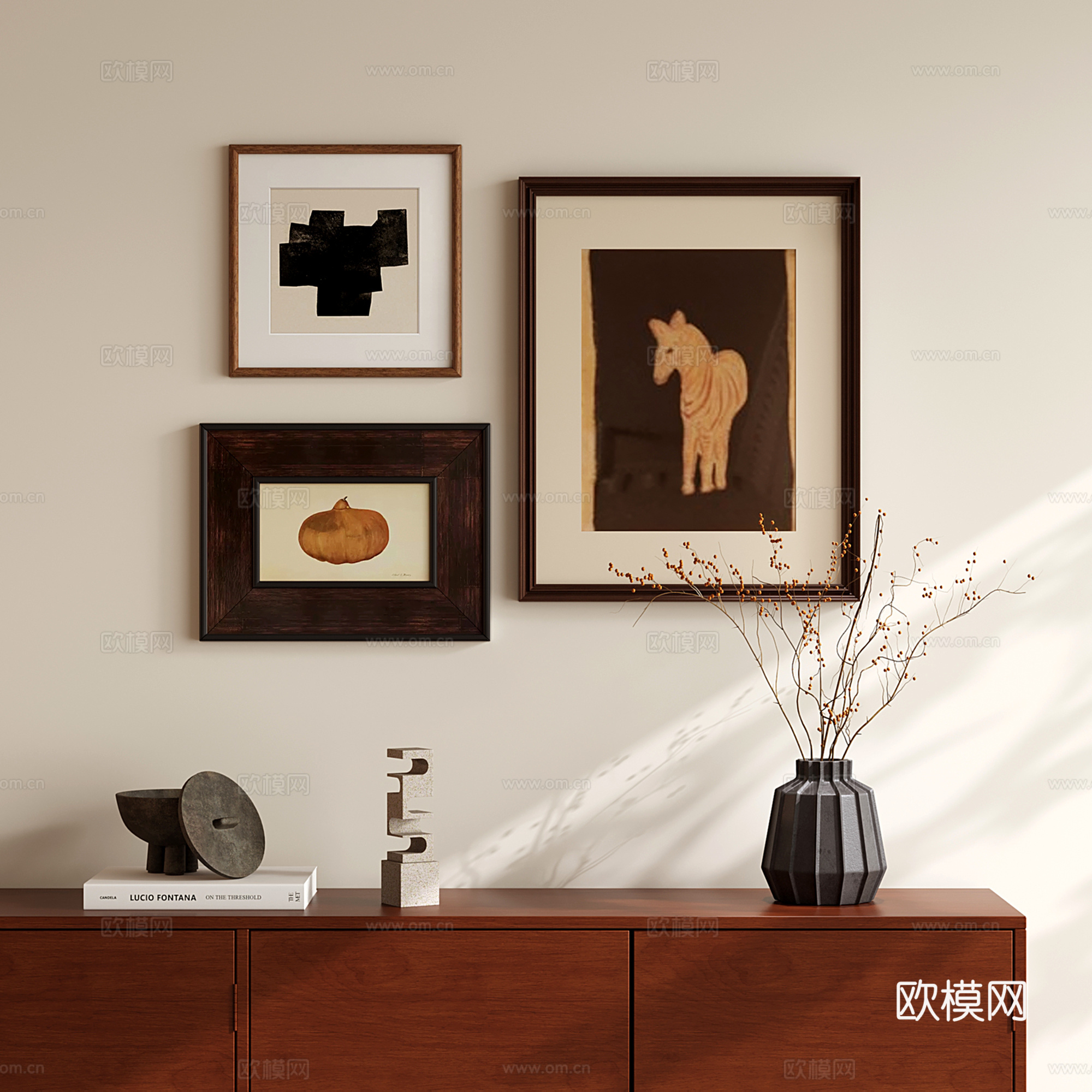 中古侘寂装饰画组合 动物画 抽象画 饰品摆件 花艺su模型