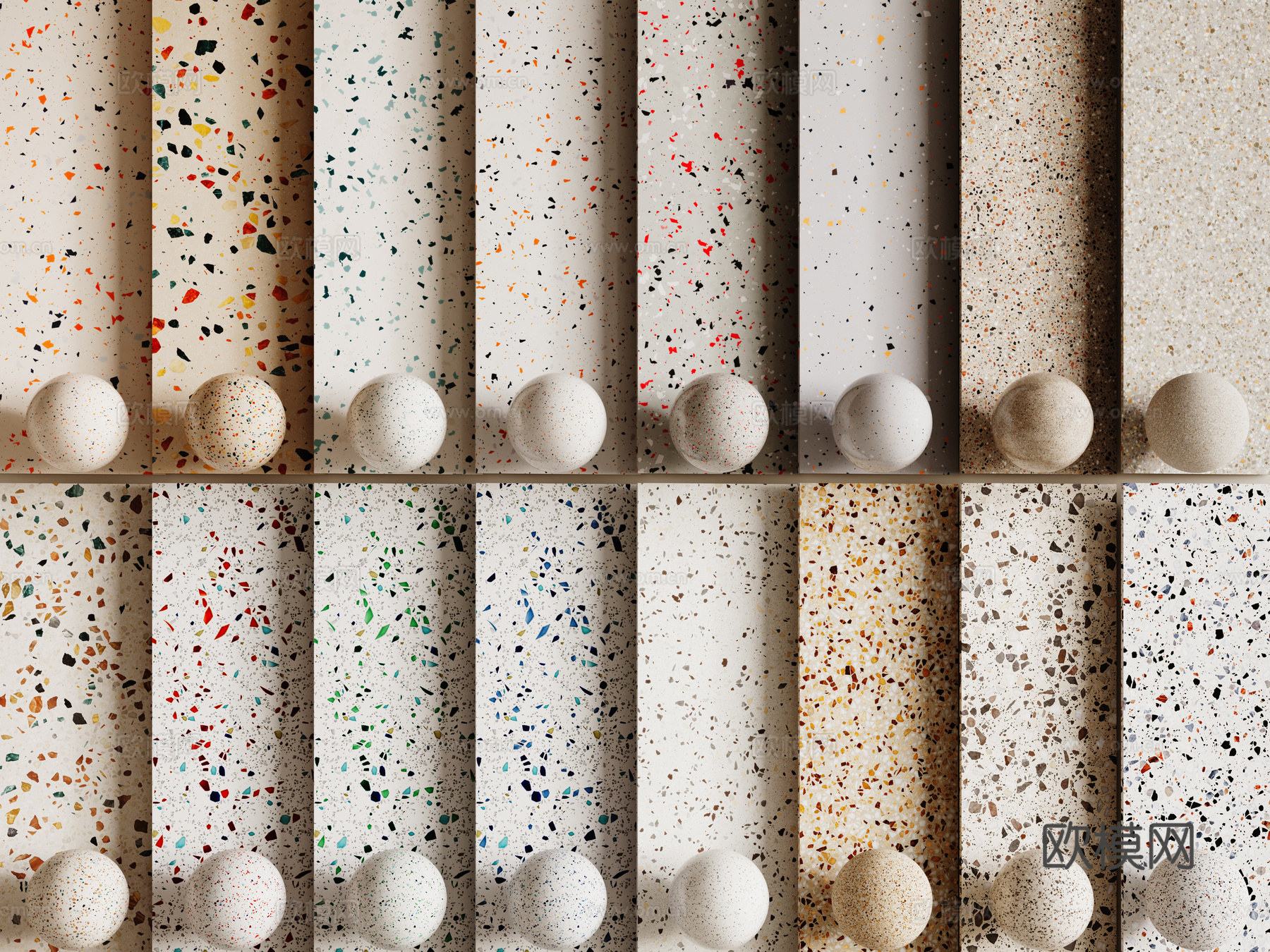 现代水磨石 彩色水磨石 花岗岩 石英石 石材su模型