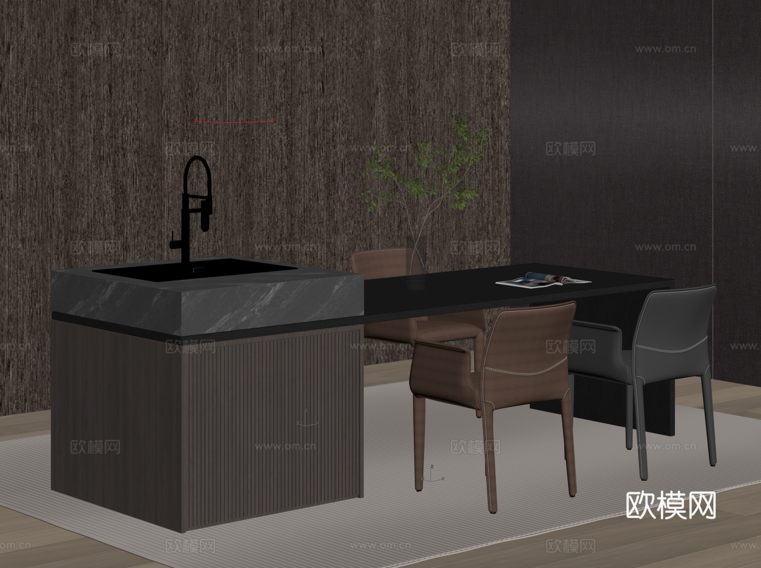 现代意式岛台 开放式餐桌椅su模型