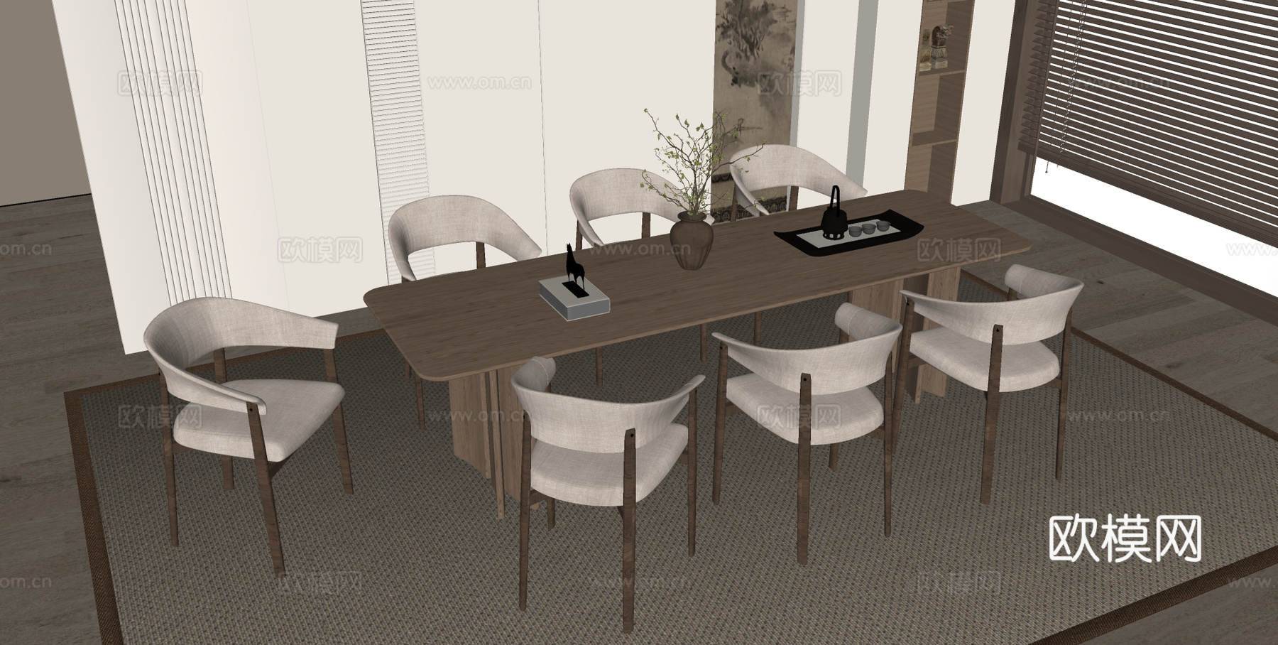宋式餐桌椅组合 宋式餐厅 木制餐桌 木制餐椅su模型