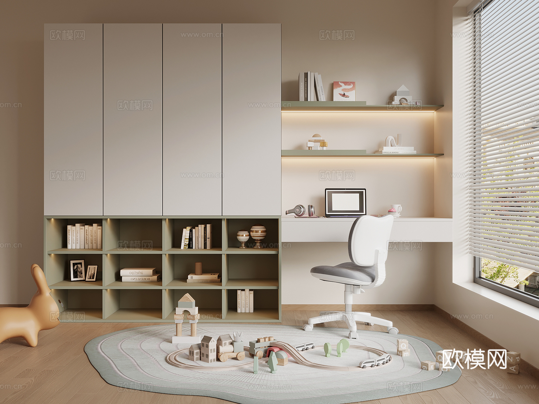 现代儿童书桌椅 书柜 书架su模型