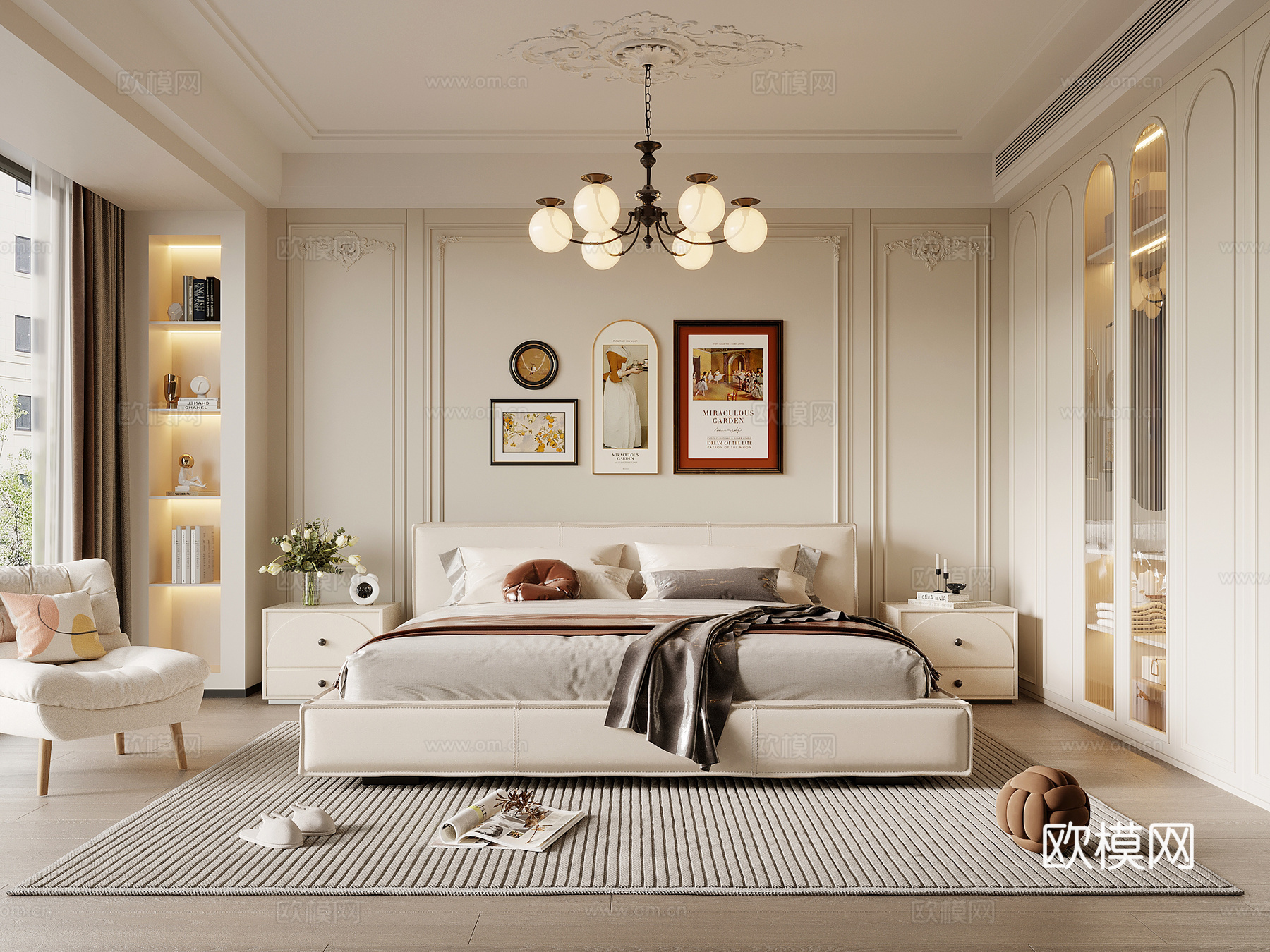 法式奶油风卧室 双人床 床头柜 衣柜su模型