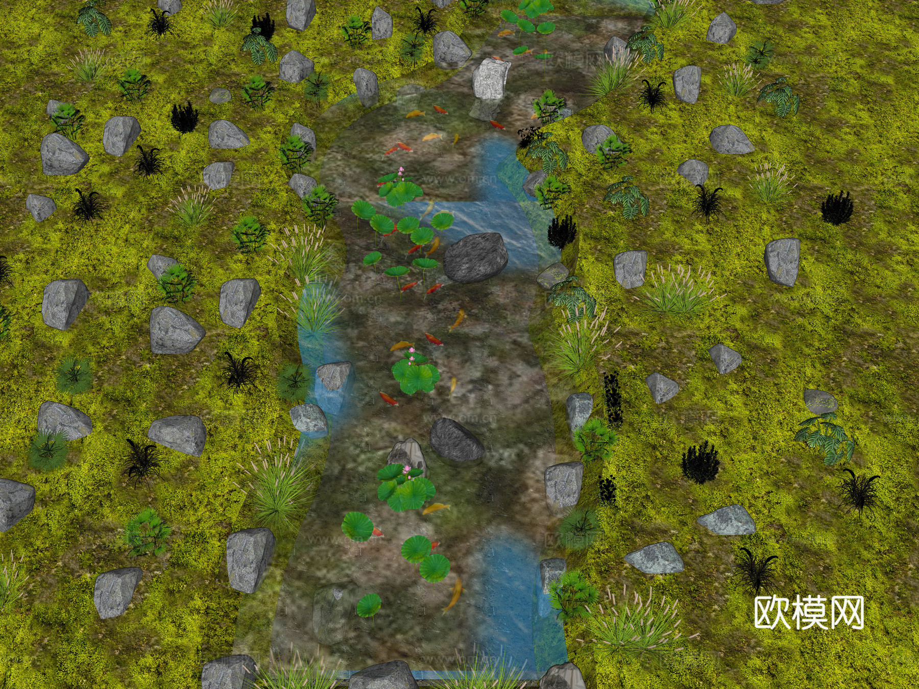 现代滨水河道景观 溪流自然跌水 自然生态鱼池 野外河流水景su模型