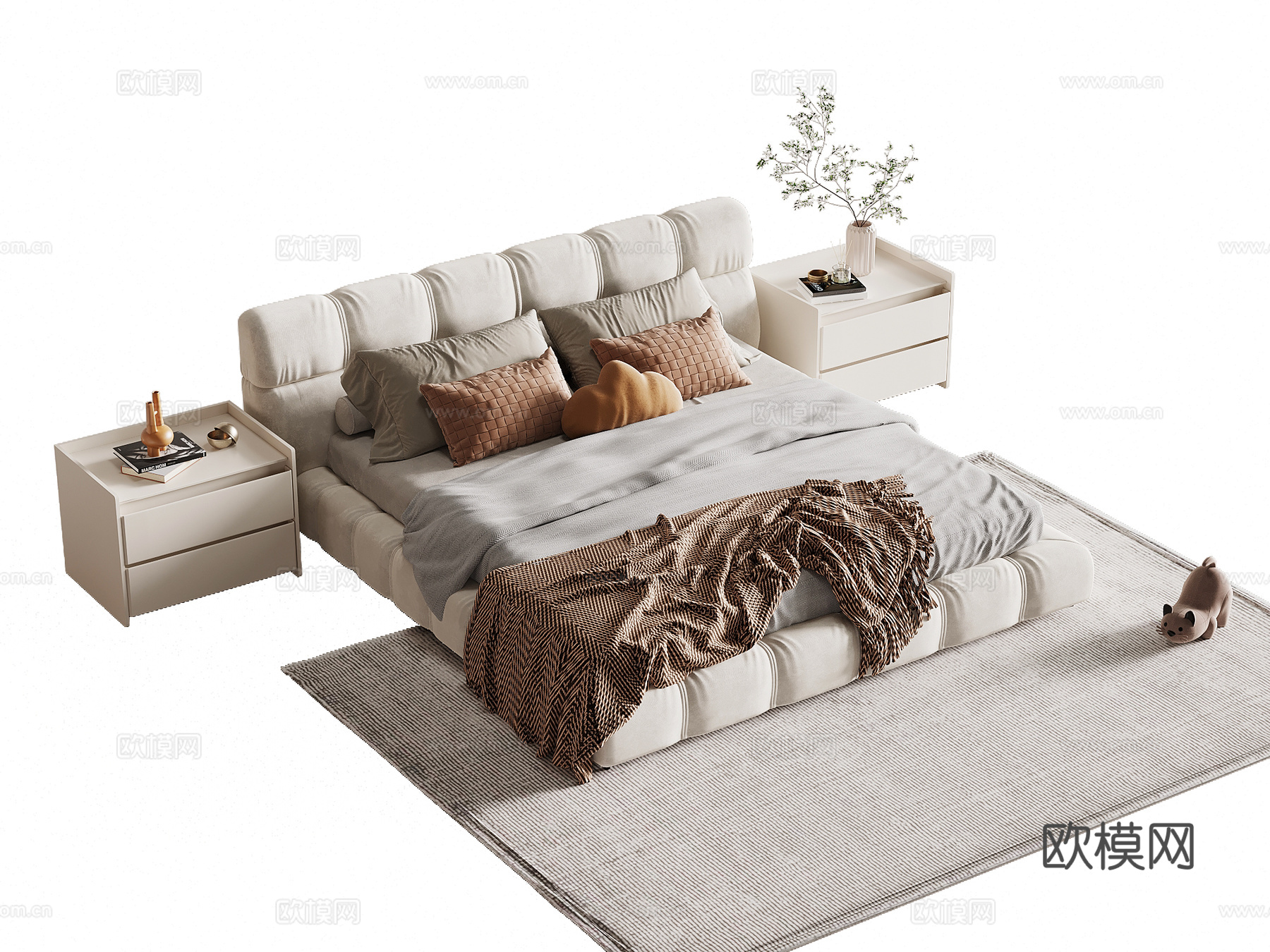 现代奶油风双人床 床头柜su模型