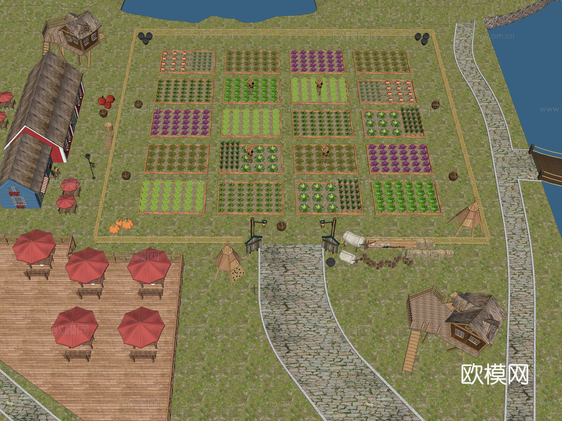 现代生态农场景观 亲子采摘园 乡村菜地 亲子农园 农业观光园su模型