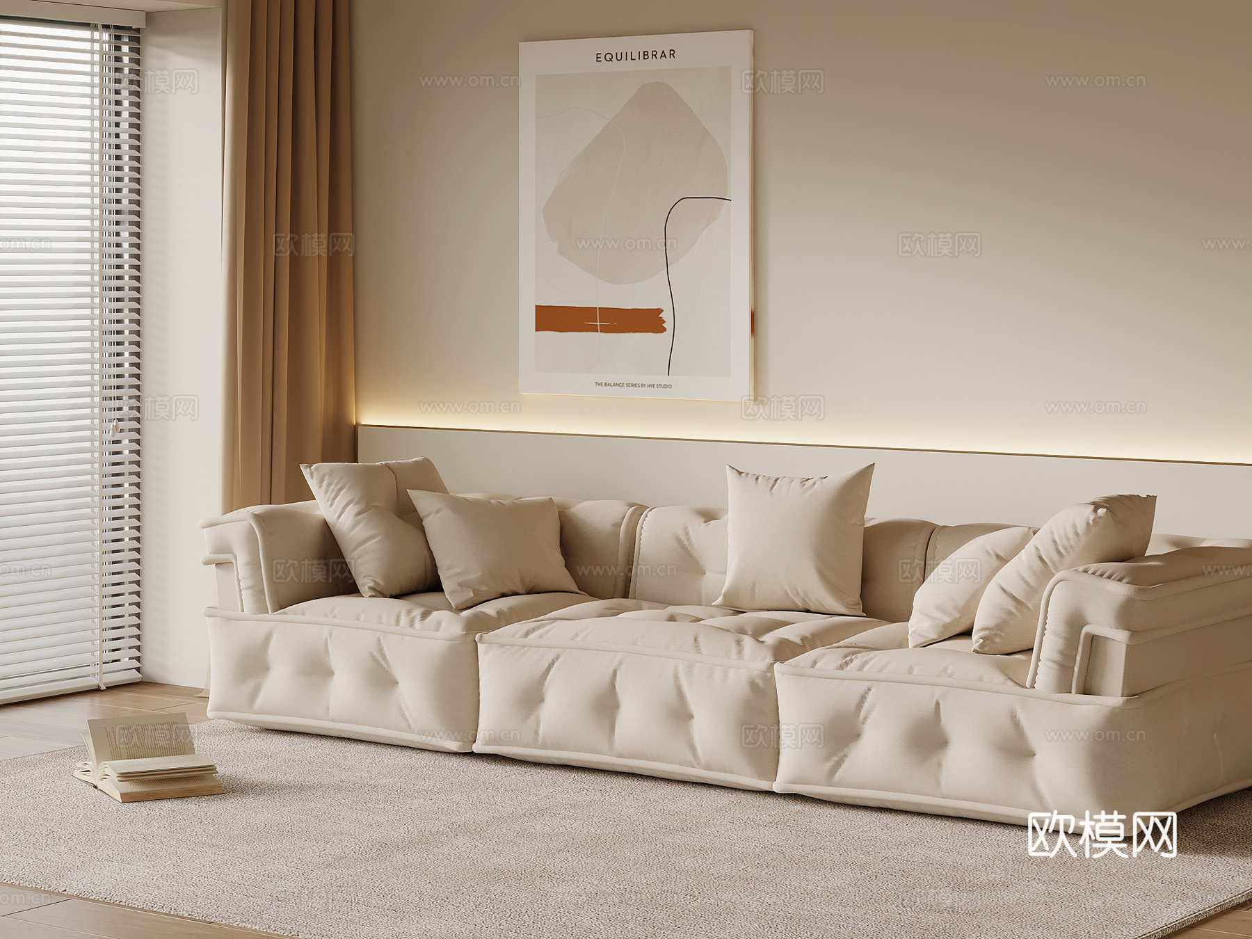 法式奶油风多人沙发 直排沙发su模型