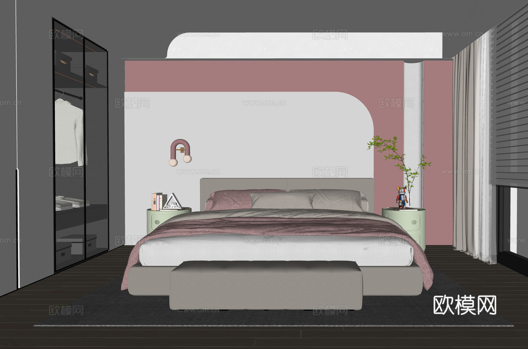 现代女孩房 儿童房 儿童床su模型