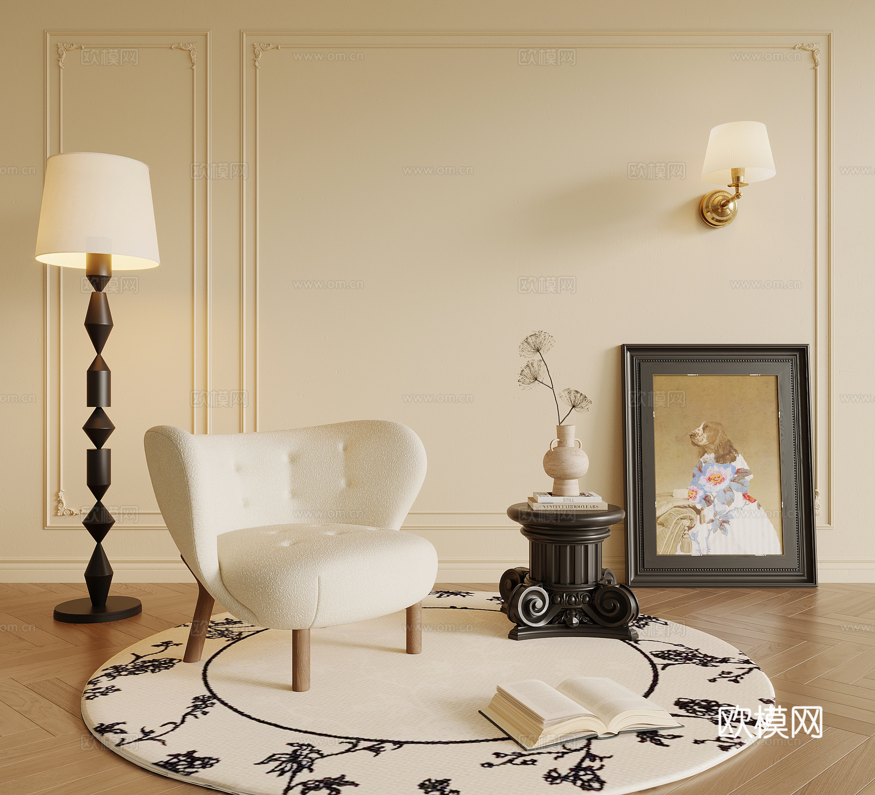 法式复古风休闲椅 边几 落地灯3d模型下载