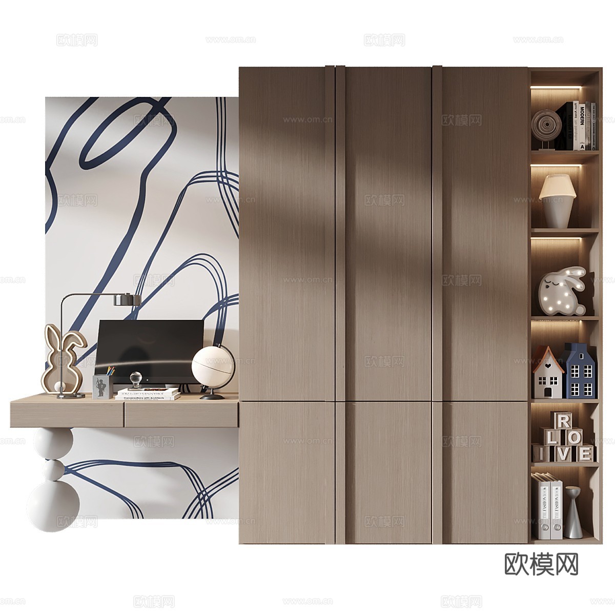 现代极简儿童书柜 儿童衣柜3d模型下载（渲染图1）