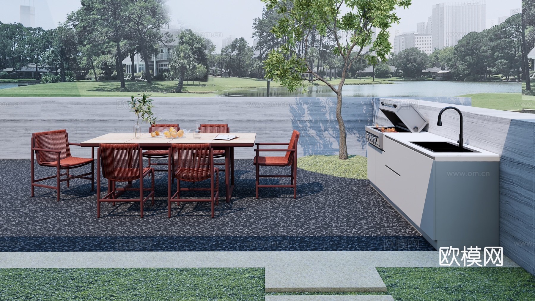 现代禅意 日式花园 户外餐桌椅 洞石岩板餐桌 户外烧烤操作台su模型