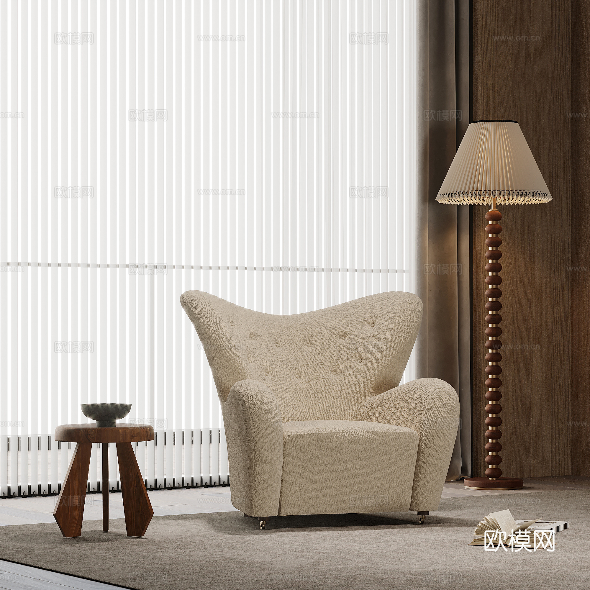 中古风休闲椅 边几 落地灯su模型