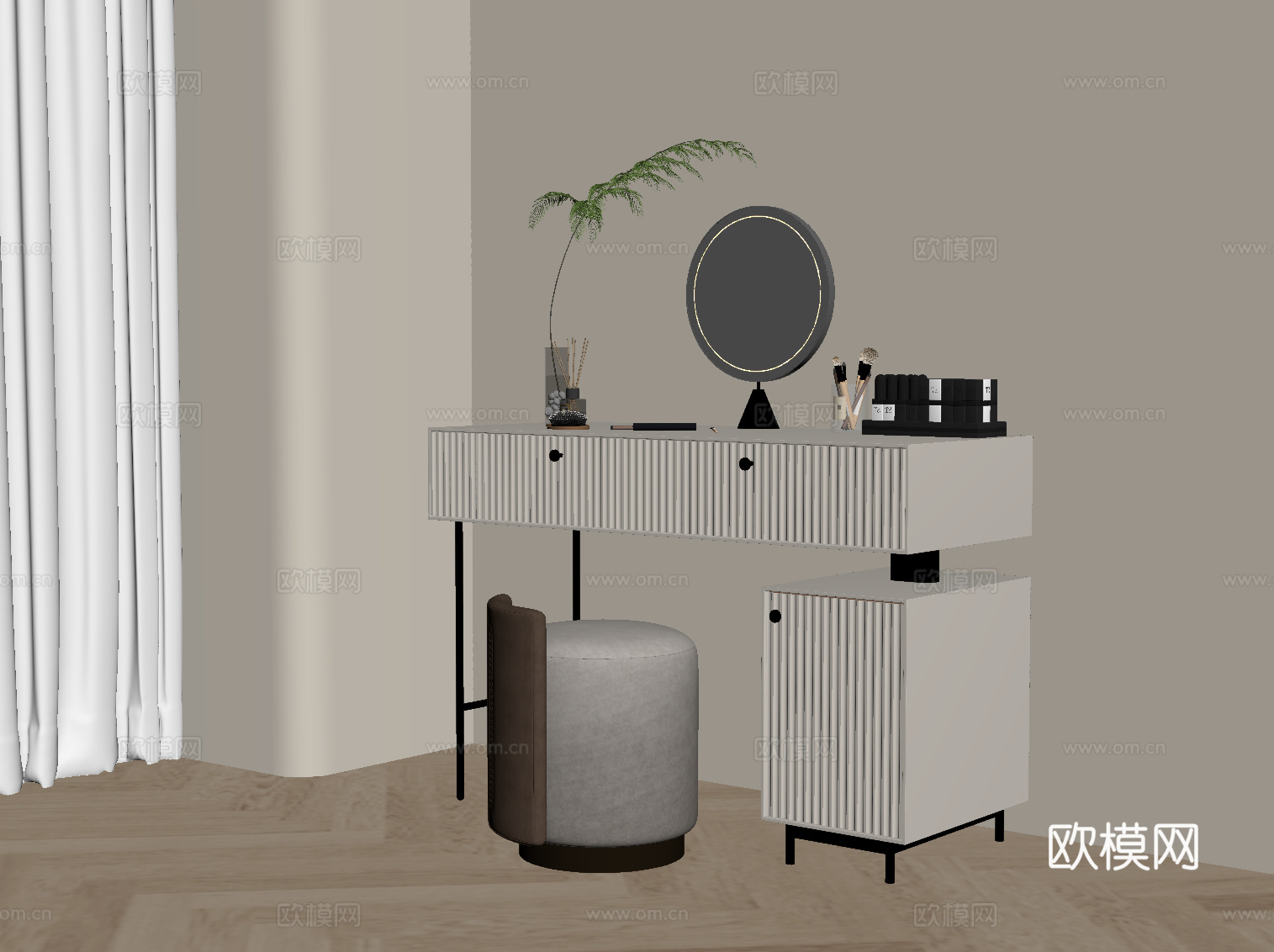 现代奶油风梳妆台su模型