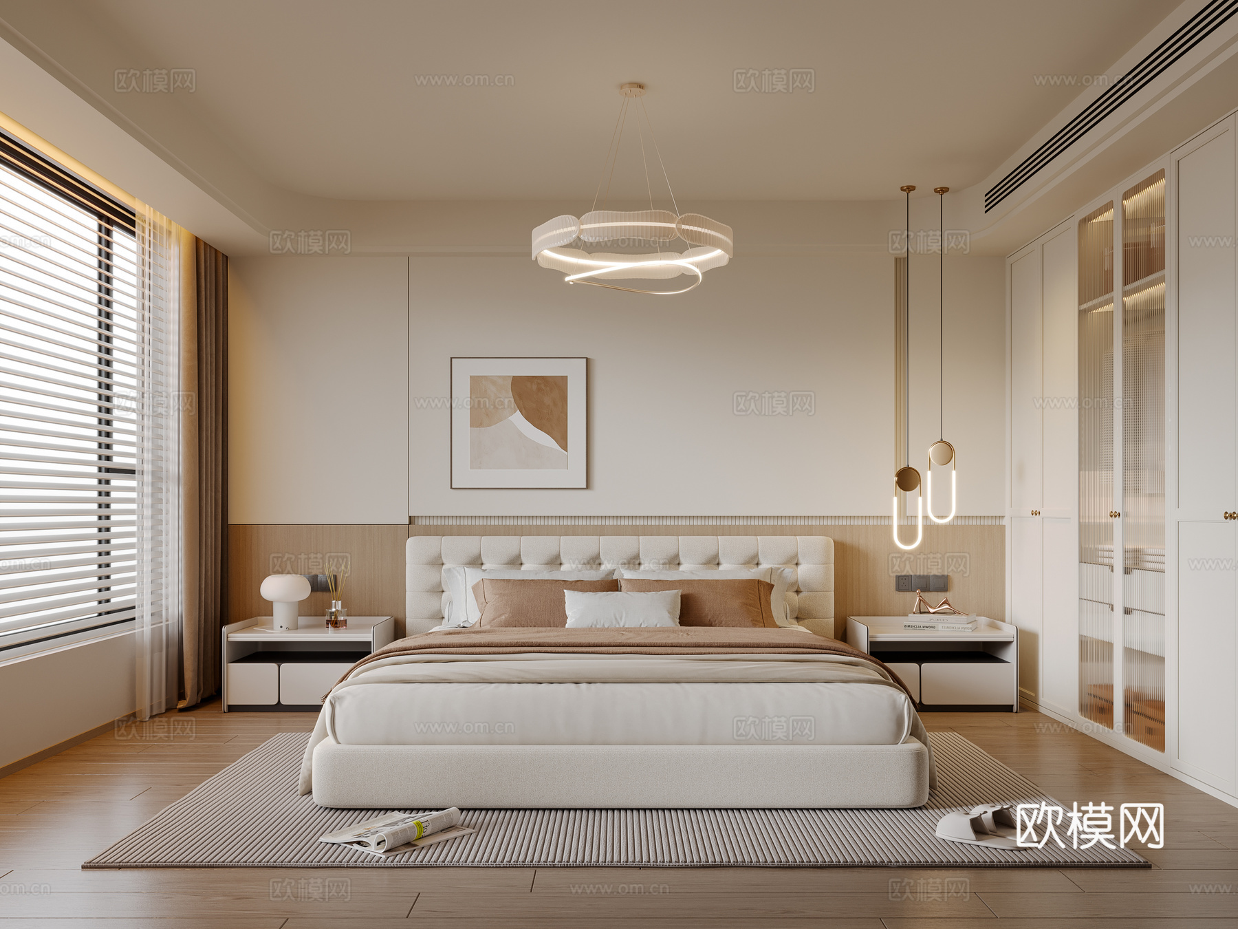 现代奶油风卧室 布艺双人床 床头柜 吊灯 挂画 地毯3d模型