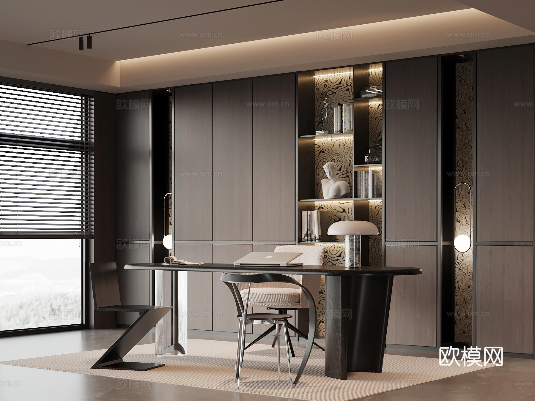 意式书房 书柜 书桌椅su模型