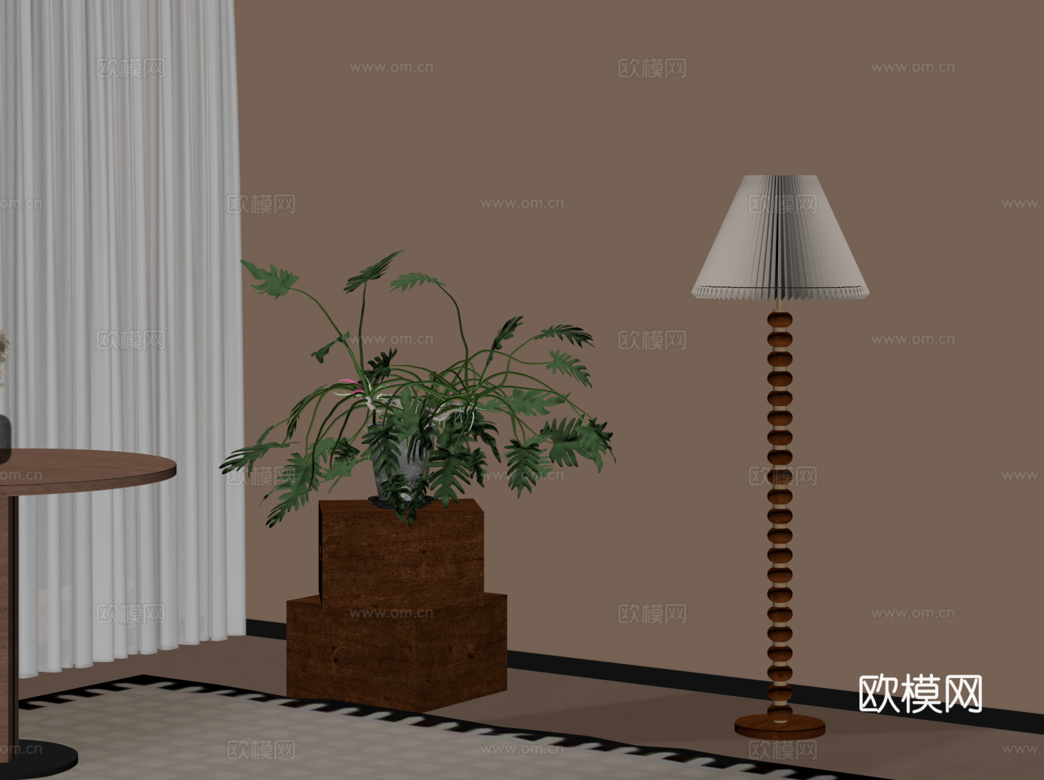中古风边柜 盆栽盆景 落地灯su模型