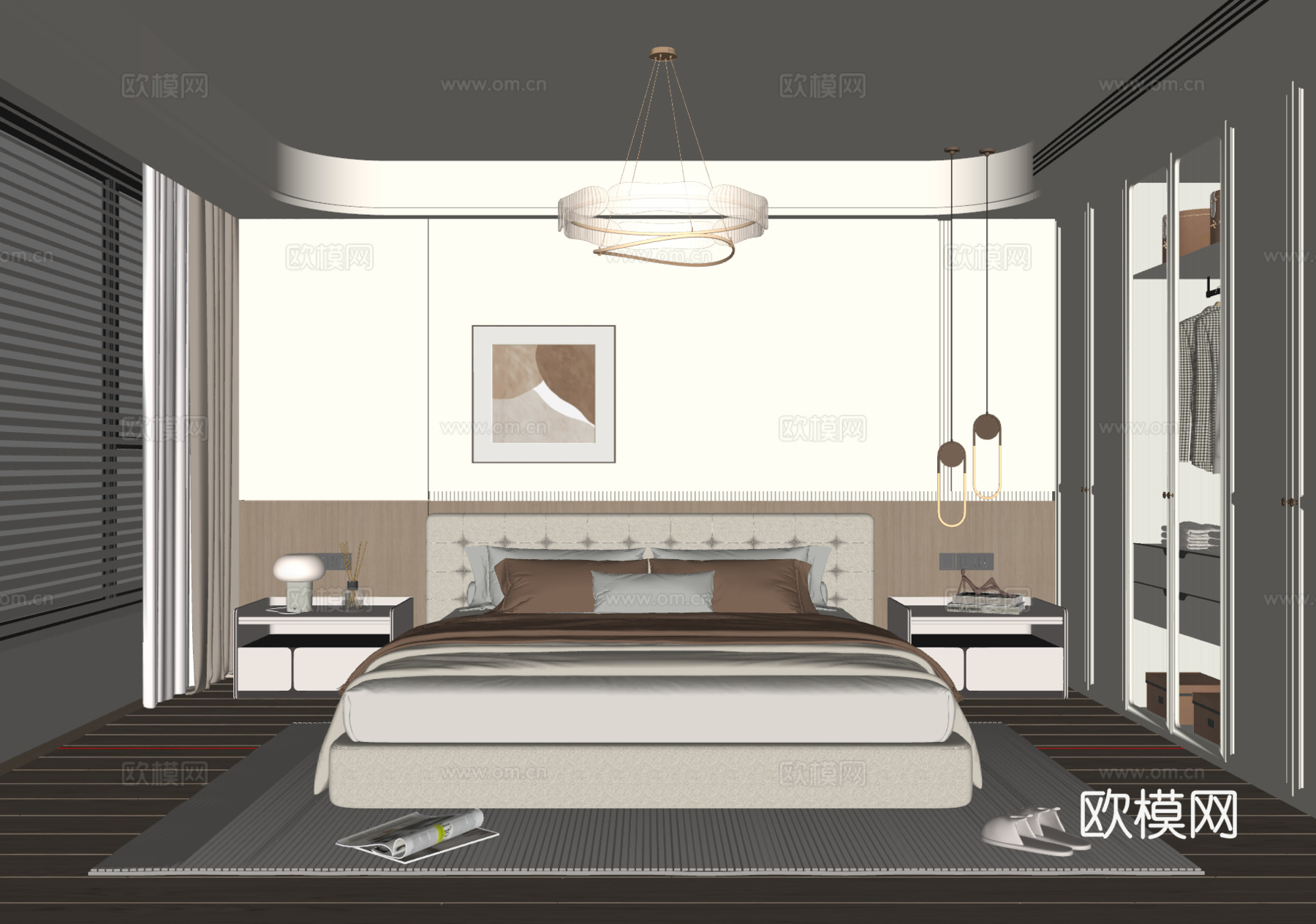 现代奶油风卧室 布艺双人床 床头柜 吊灯 挂画 地毯su模型