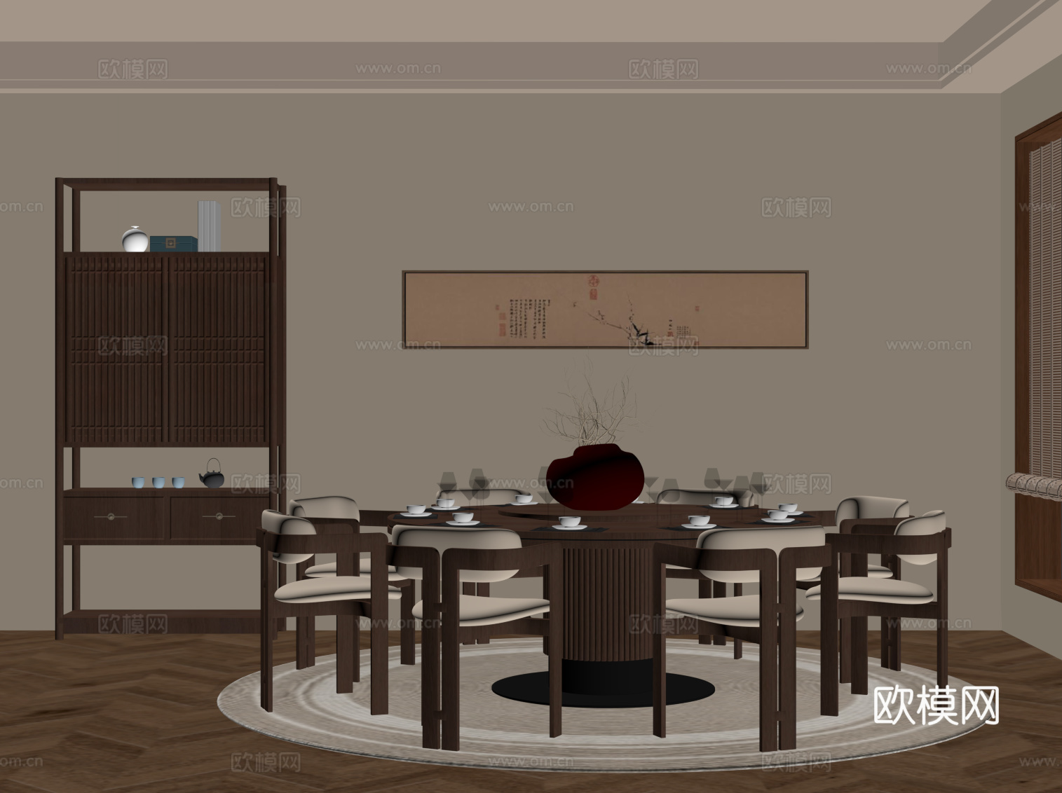 新中式餐桌 博古架su模型