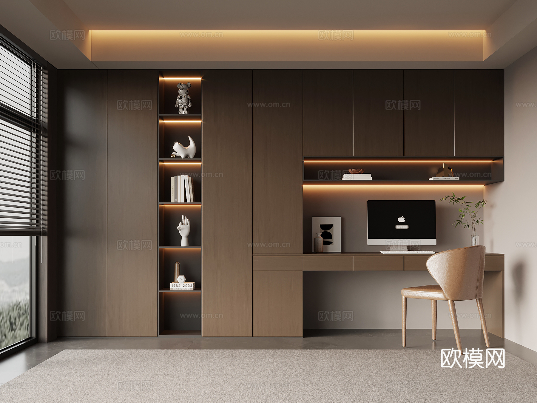 现代意式书柜 书桌椅 一体柜su模型