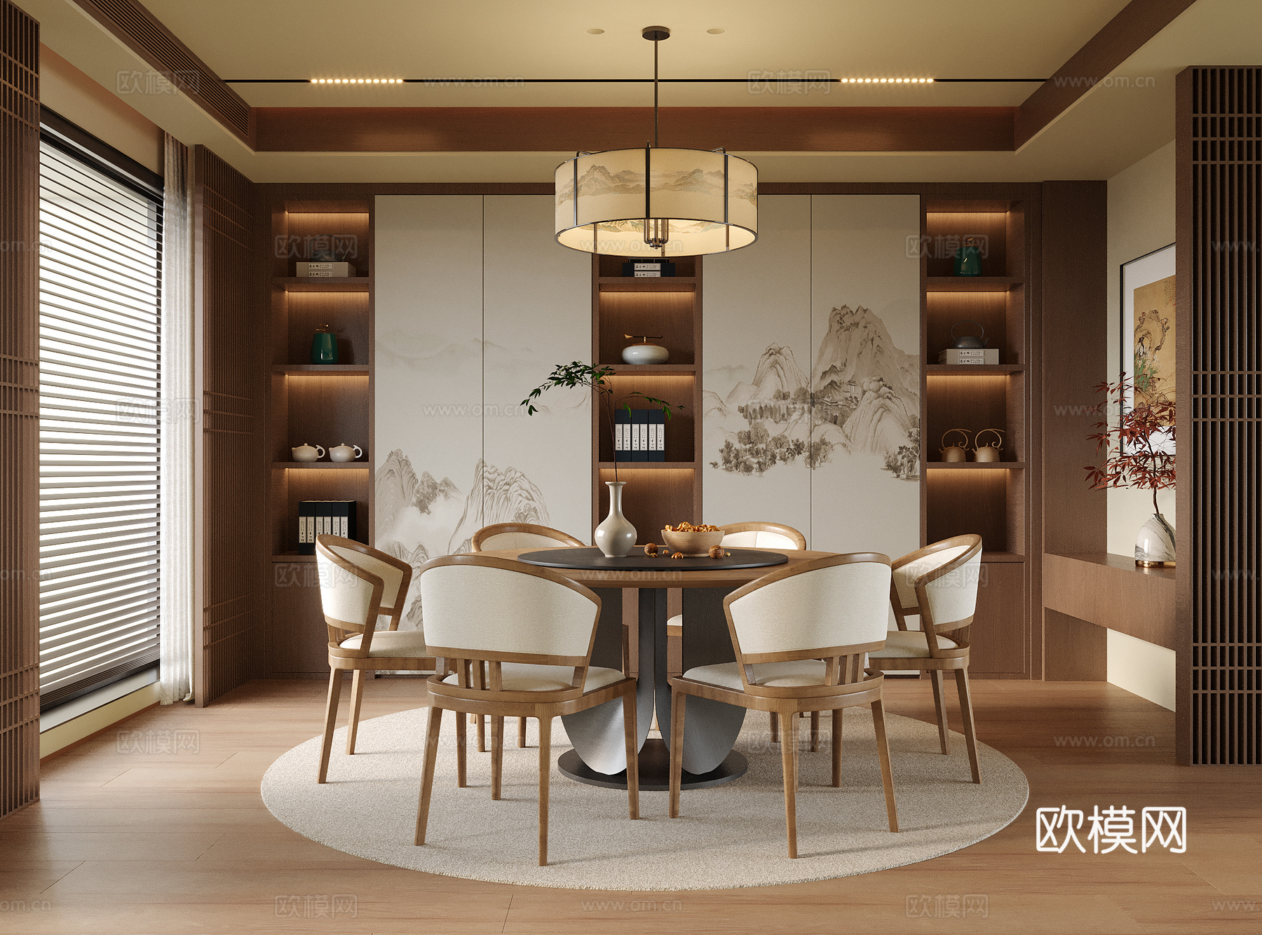 新中式餐厅 餐桌椅 餐厅吊灯su模型