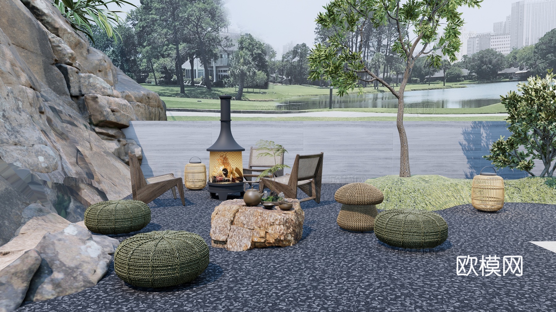 现代禅意 日式花园 户外火炉 休闲柚木椅 软包坐凳 坐墩 石su模型