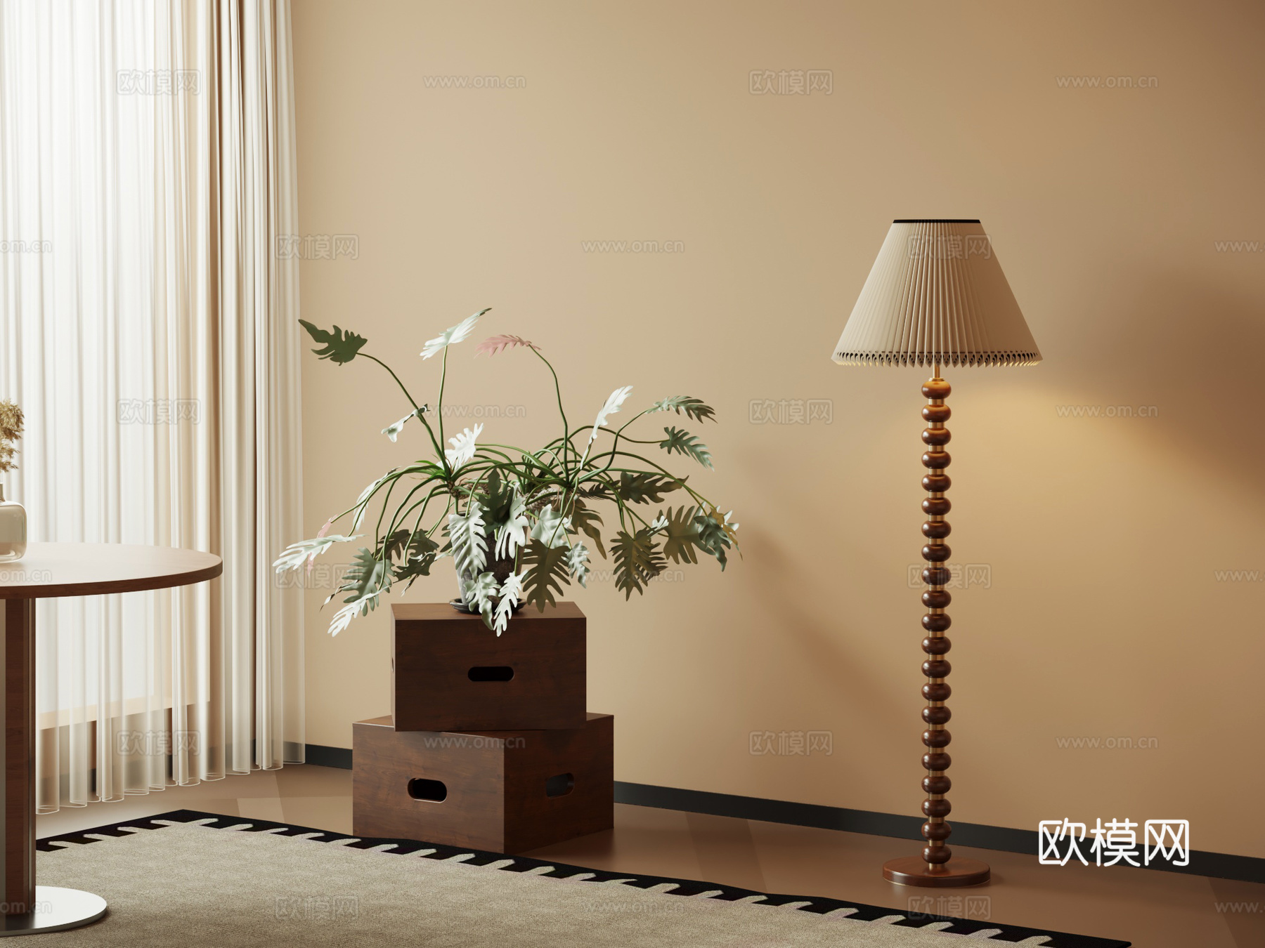 中古风边柜 盆栽盆景 落地灯su模型