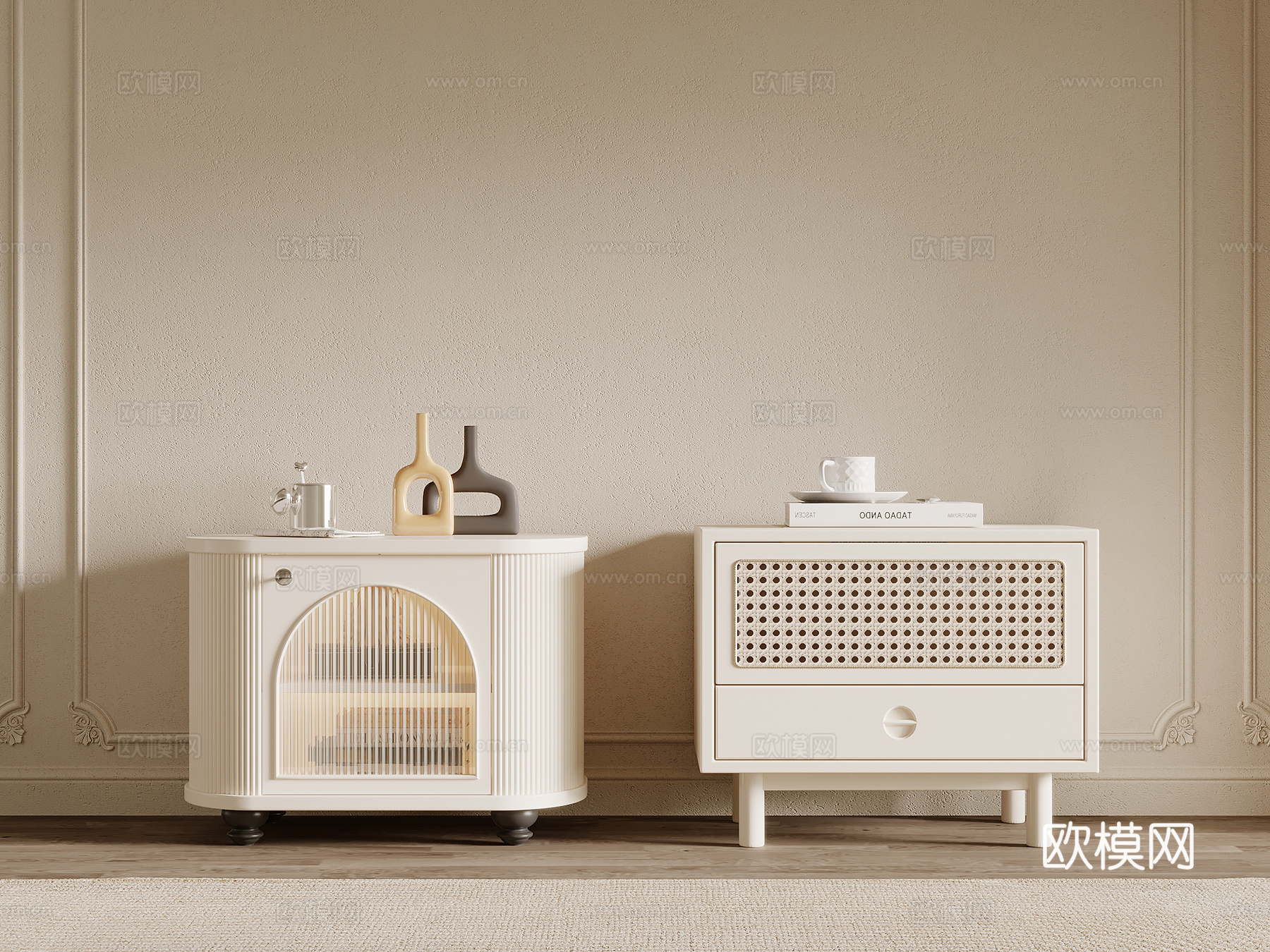 现代奶油风床头柜su模型