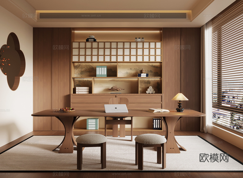 新中式书房3d模型下载_ID16221455_3dmax免费模型-欧模网