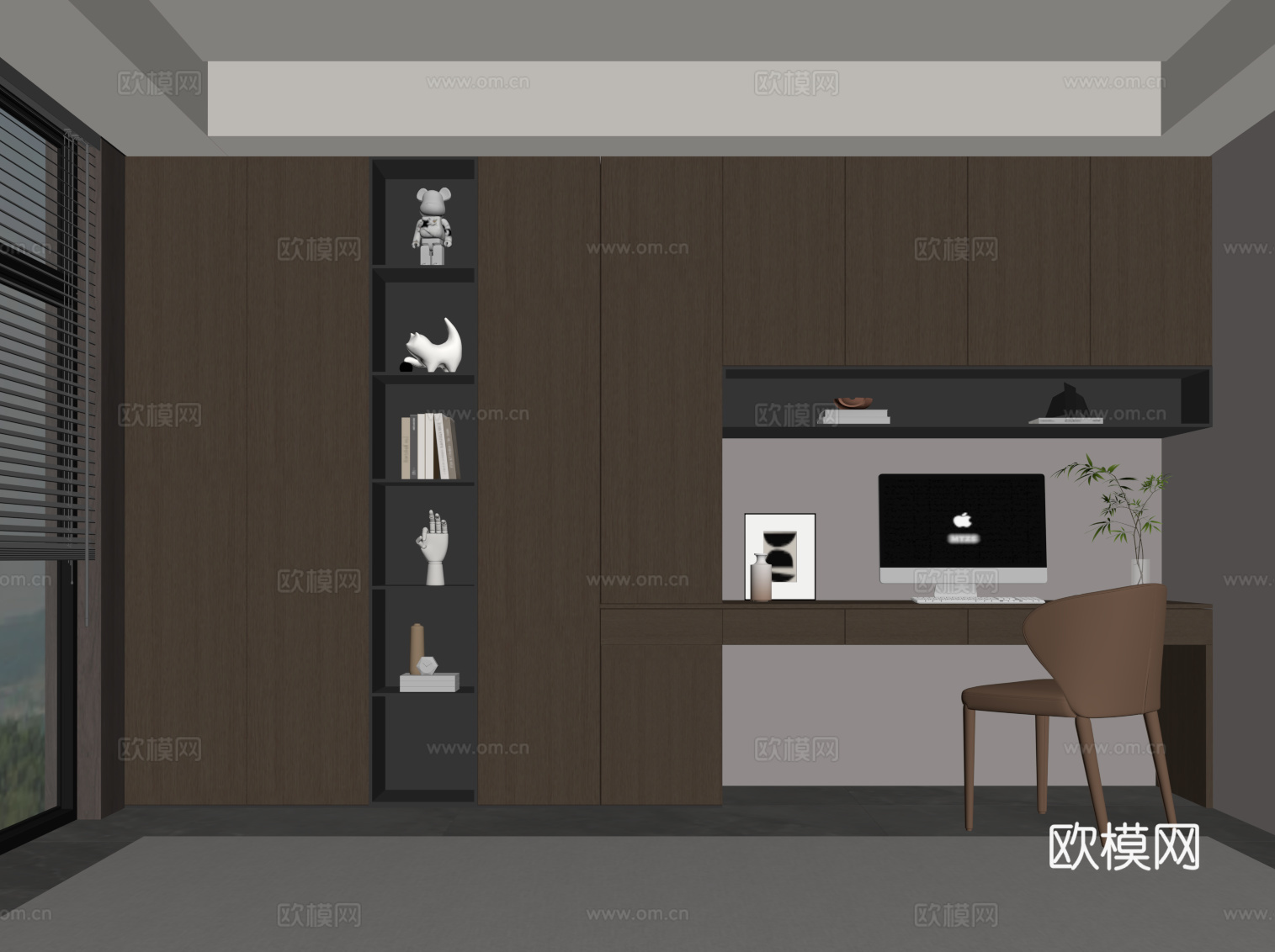 现代意式书柜 书桌椅 一体柜su模型