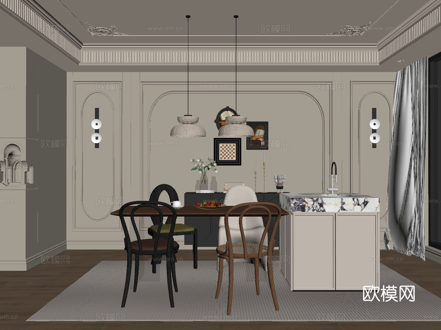 法式餐厅 餐桌椅 岛台su模型