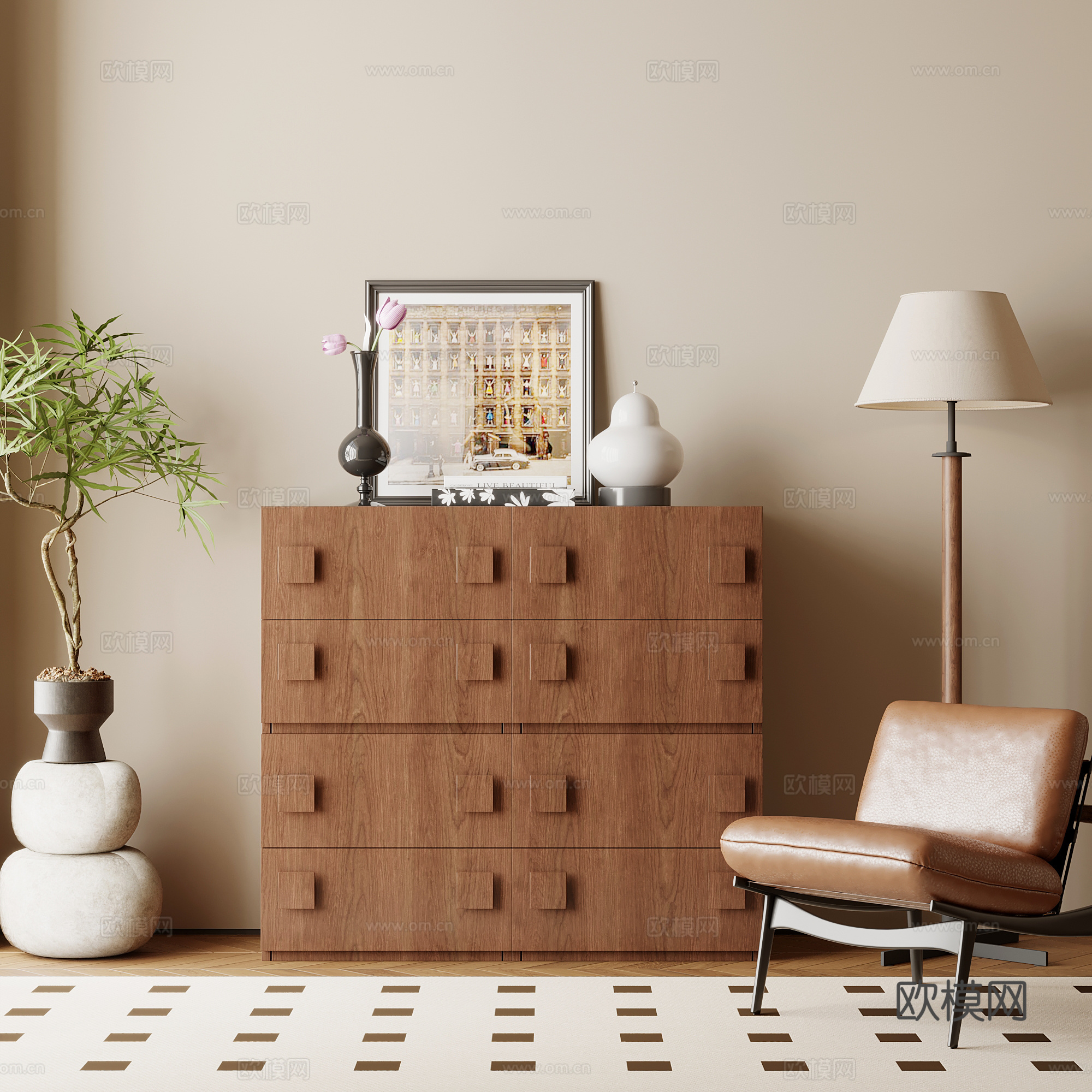 中古风玄关柜 边柜 休闲椅su模型