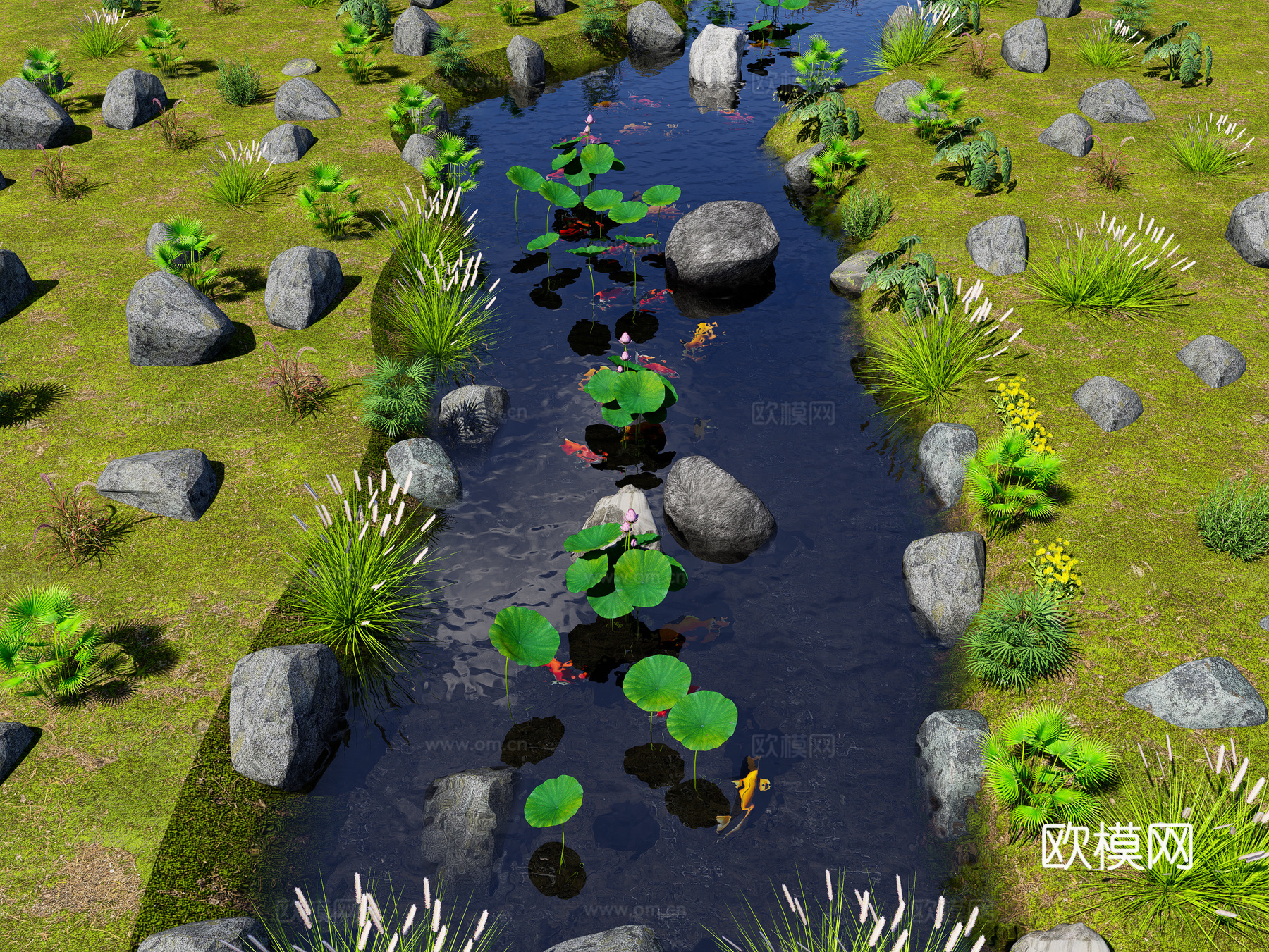 现代滨水河道景观 溪流自然跌水 自然生态鱼池 野外河流水景su模型