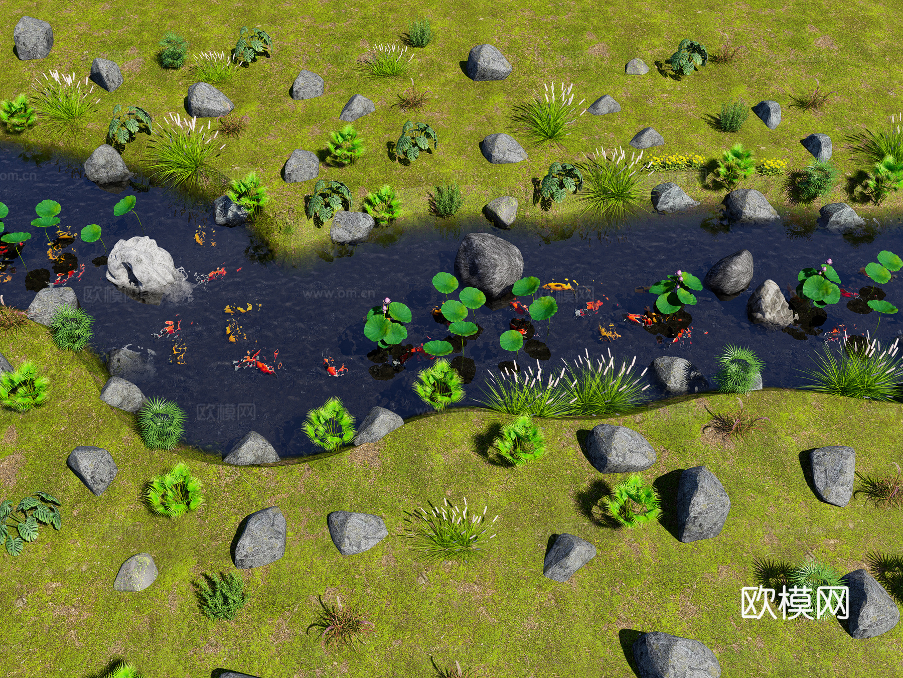 现代滨水河道景观 溪流自然跌水 自然生态鱼池 野外河流水景su模型