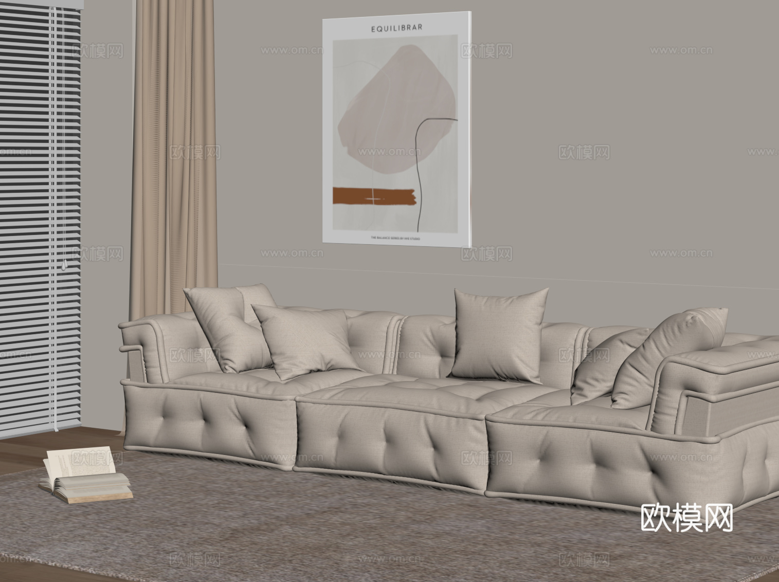 法式奶油风多人沙发 直排沙发su模型