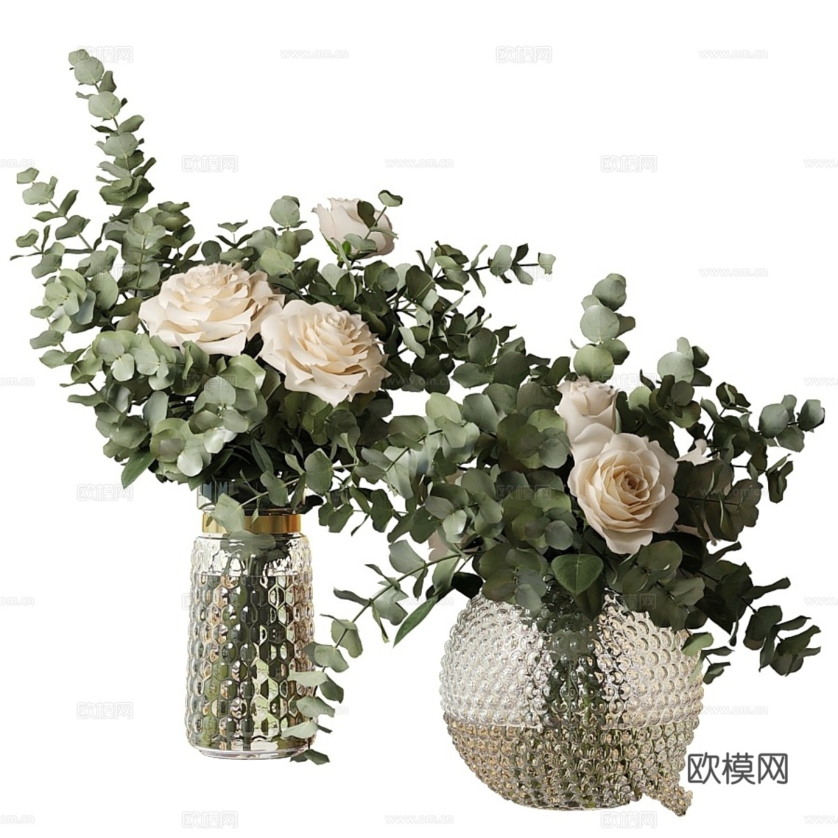 两束玫瑰与桉树枝插在白色花瓶中3d模型下载