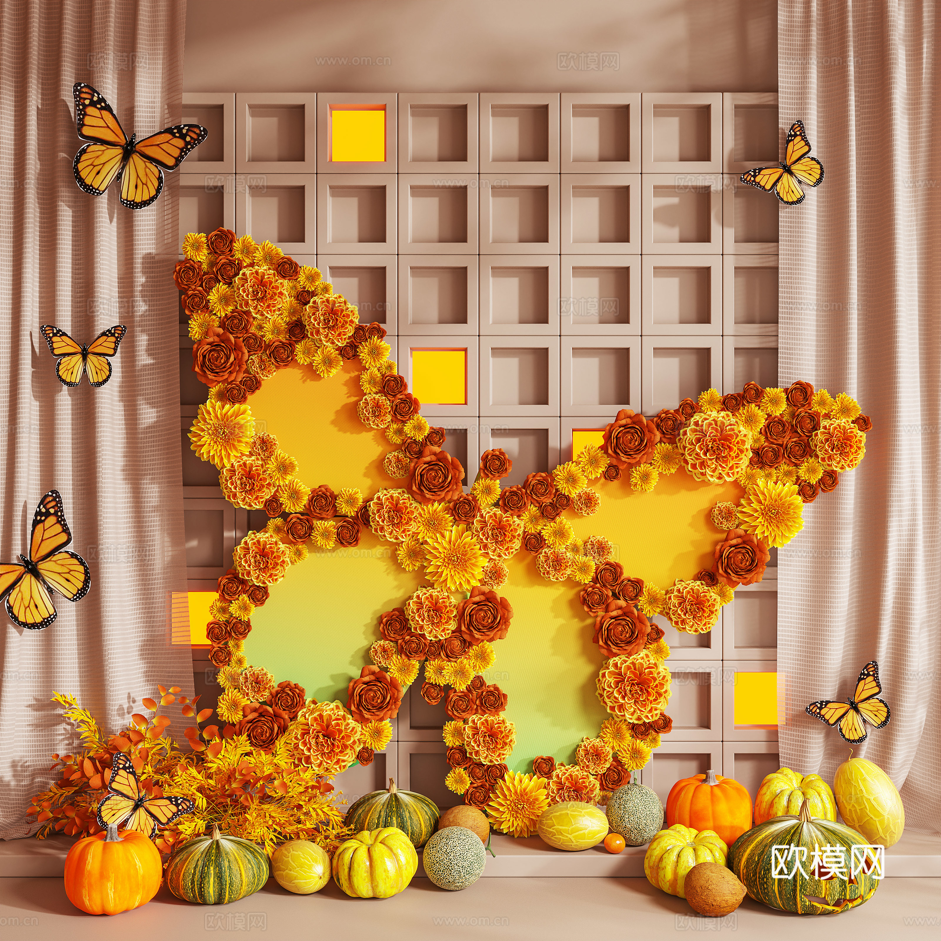美陈 艺术装置 花艺装置 蝴蝶 南瓜 摆件3d模型下载
