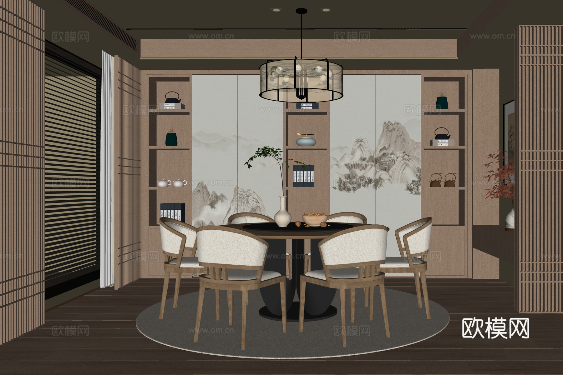 新中式餐厅 餐桌椅 餐厅吊灯su模型