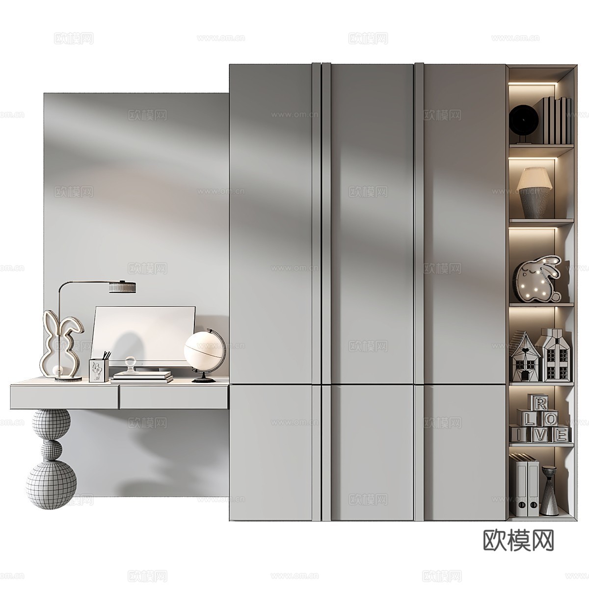 现代极简儿童书柜 儿童衣柜3d模型下载（渲染图3）