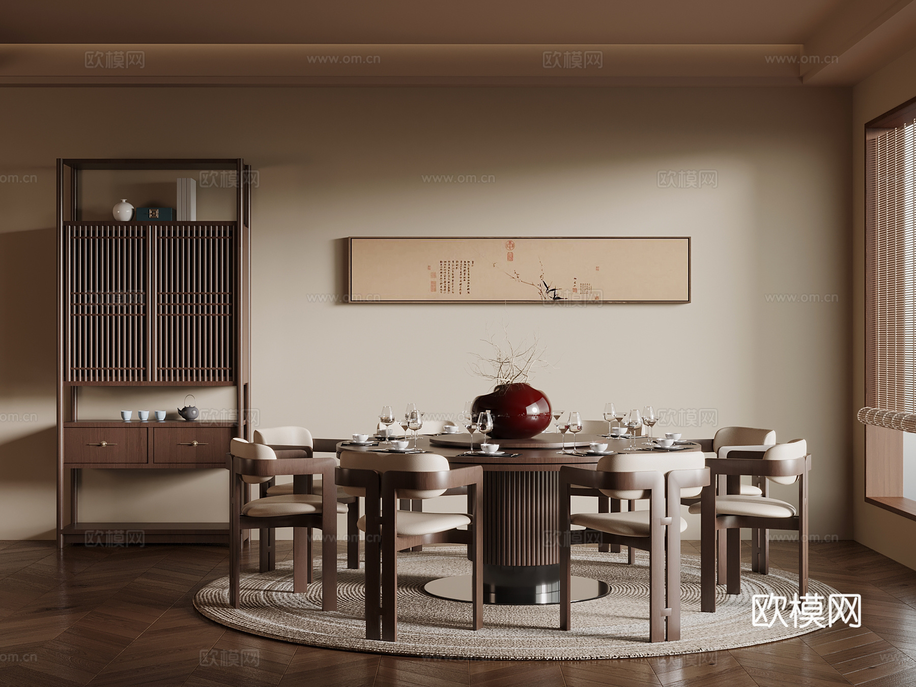 新中式餐桌 博古架su模型