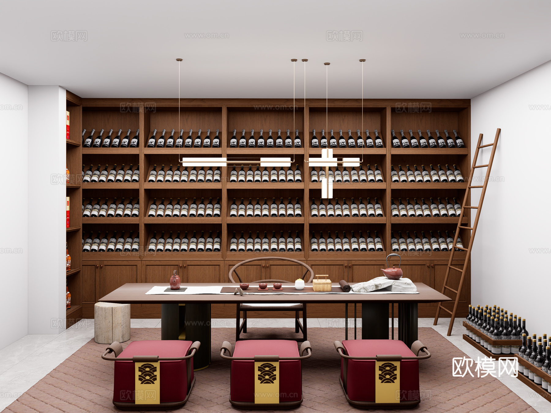新中式酒窖空间 别墅地下室酒窖 酒室酒柜酒庄 红酒白酒陈列柜su模型