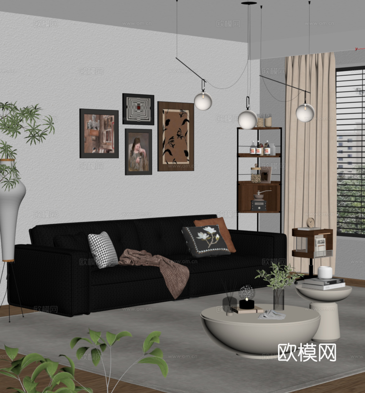 法式复古风多人沙发 直排沙发 皮质沙发su模型