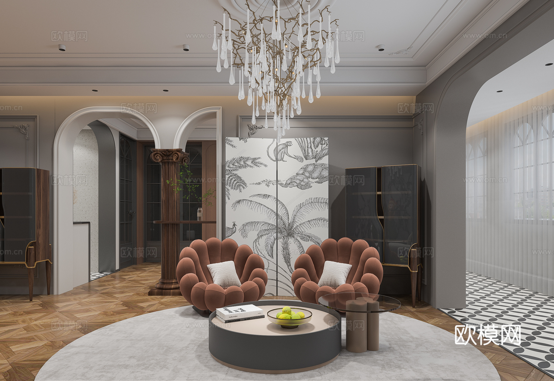 法式客厅厨房书房3d模型下载（渲染图2）