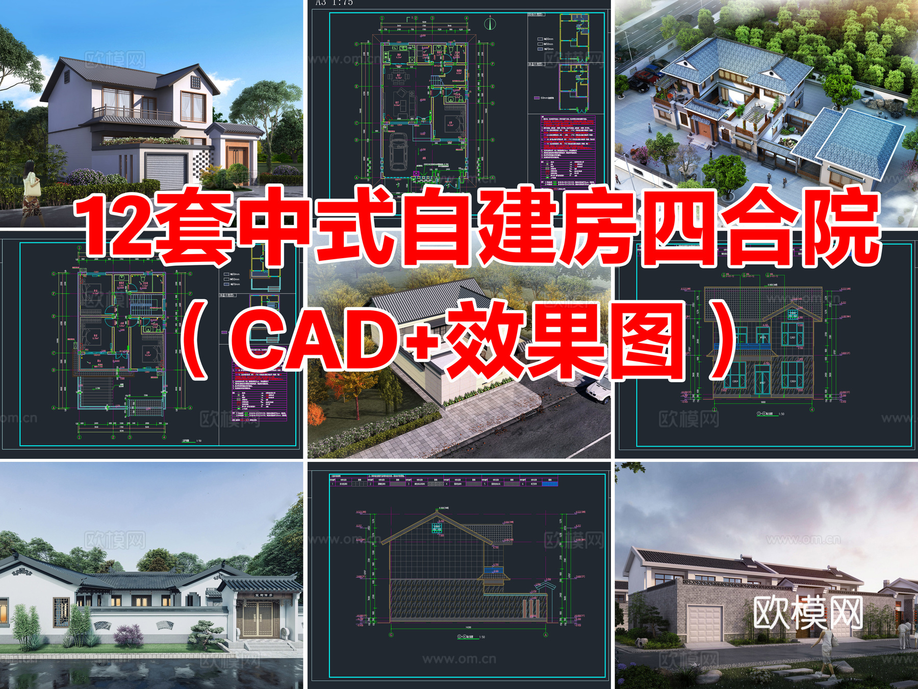12套中式自建房别墅四合院建筑CAD施工图附效果图cad施工图下载（渲染图1）