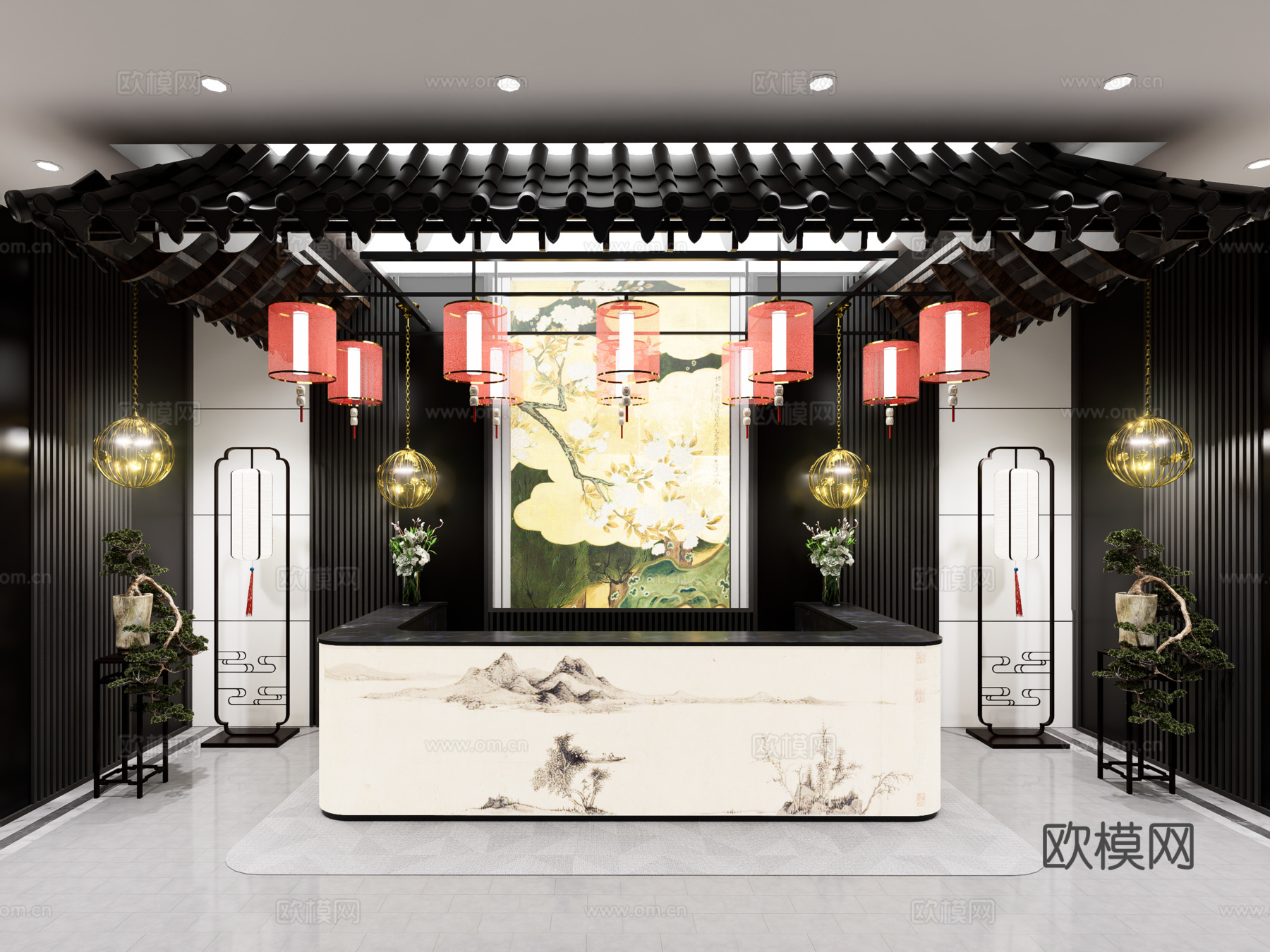 酒店前台 中式新中式简约风su模型